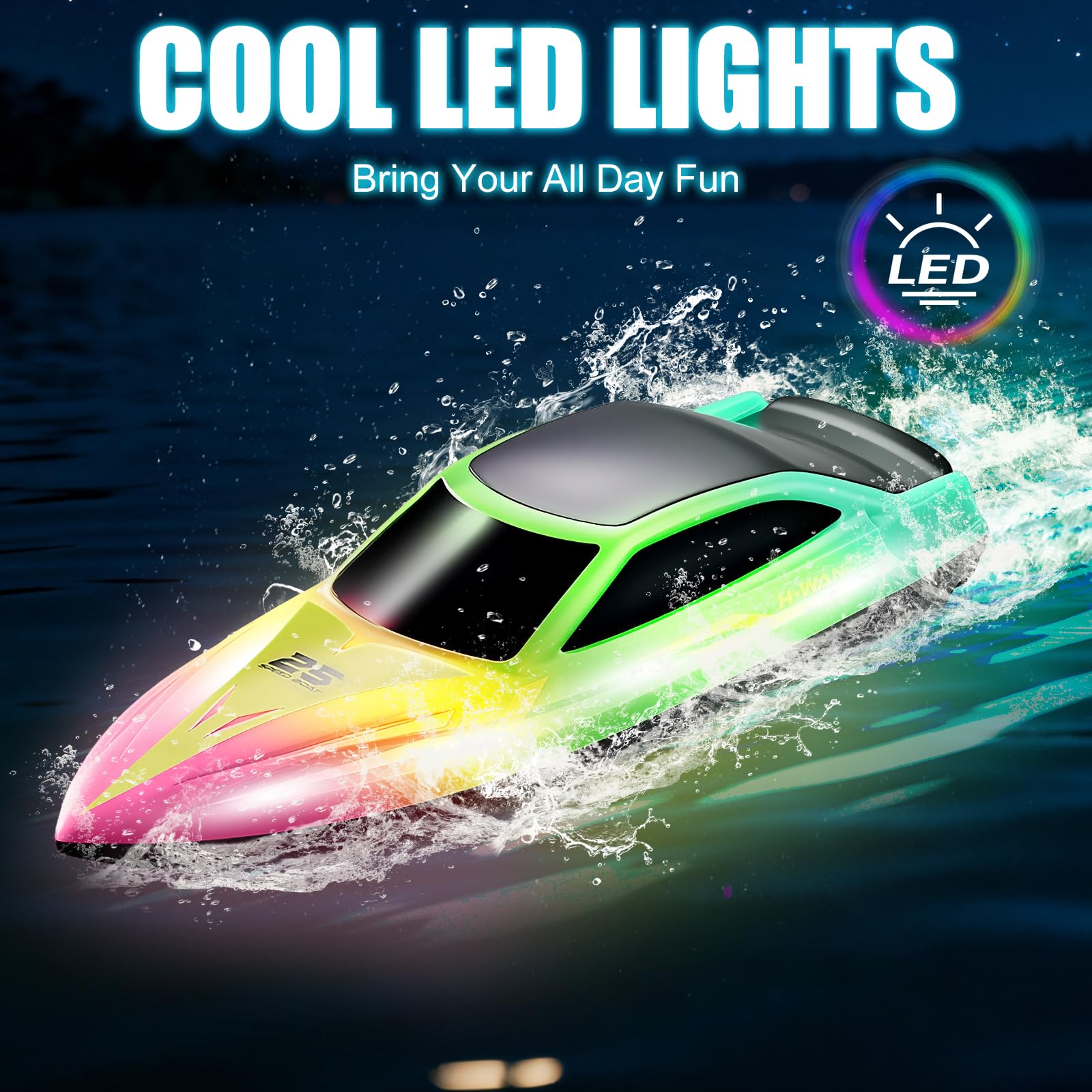OBEST Barco Teledirigido con Luz LED para Niños,2,4 GHz Barco de Carreras RC de Alta Velocidad para Lagos/Piscinas/Estanques,Juguete Acuático de Regalo para Niños y Niñas