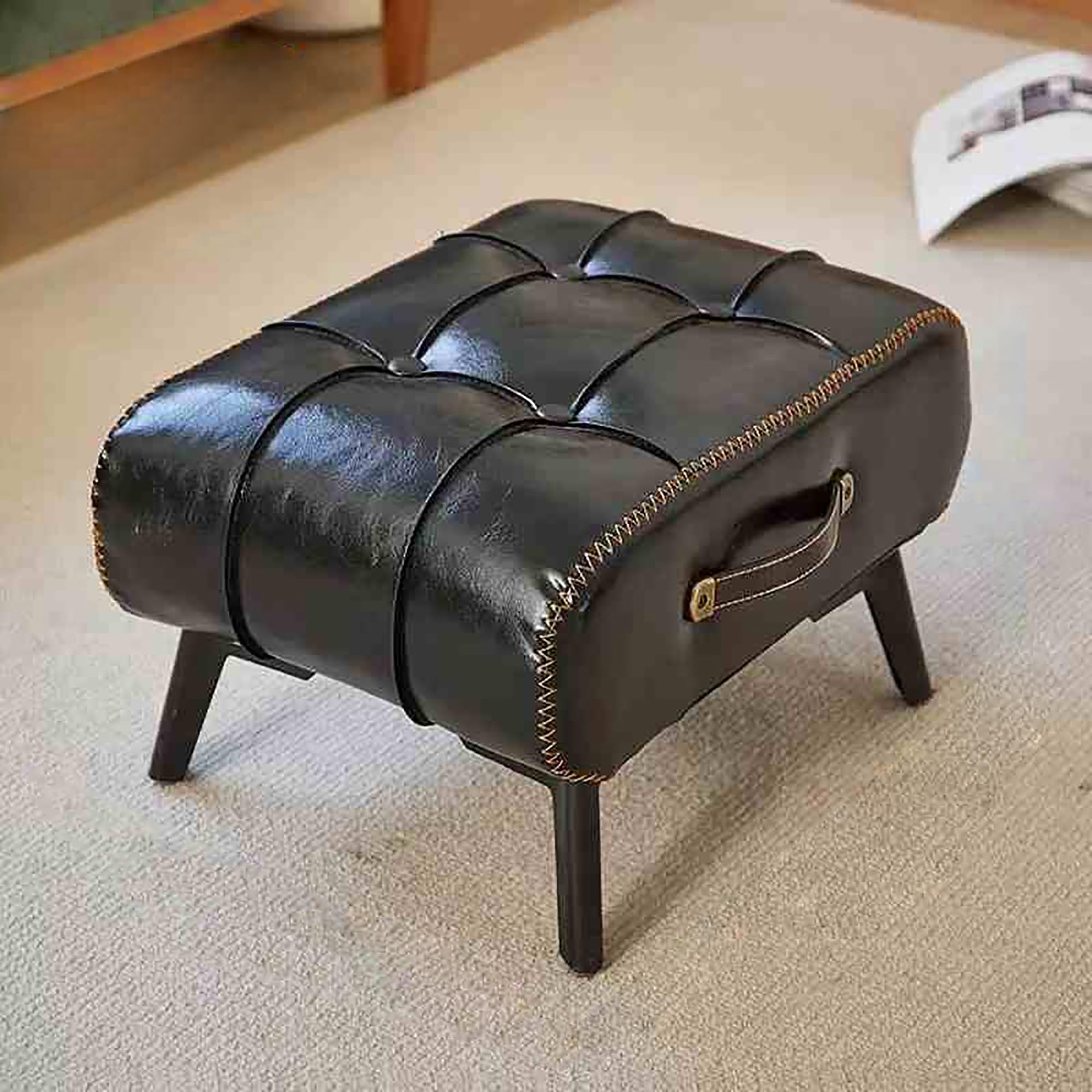 Ryzqwe Black Solid Wood Frame Ottoman Foot Rest, Small Leather Footstool For Couch, Pouffe Footstool, Shoe Change Stool, Vintage Furniture Footstools And Ottomans Footrest, Coffee Table Small Bench(Black)