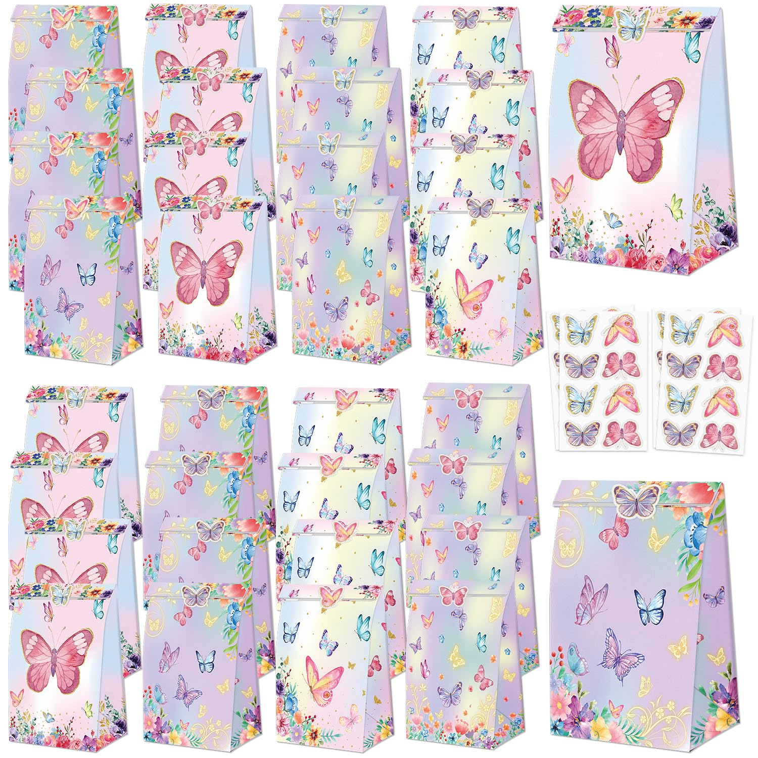 XJLANTTE Butterfly Party Gift Pack - 40 Pcs Goodie Bags with Stickers, Colored Paper Treat Bags for Kids Birthday Parties