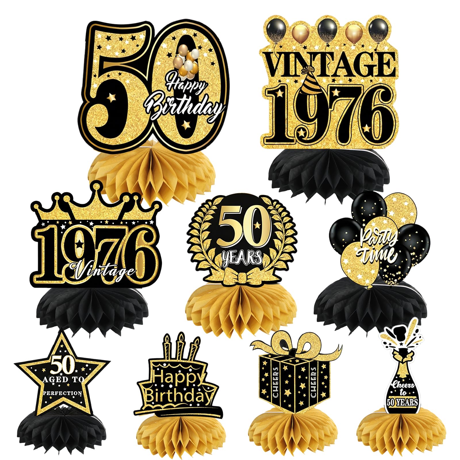 50th Birthday Table Decorations, 9Pcs Black Gold Honeycomb Centerpieces, Birthday Party Supplies for Women Men (50th Birthday)