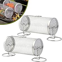 Griglia per Barbecue Acciaio Inox, Cestello Cilindrico per Barbecue con Supporto, Cestello Della Griglia è Girevole, Accessori Barbecue Cesto da campeggio per Carne, Verdure, Pesce (2, 20 * 9 * 9cm)