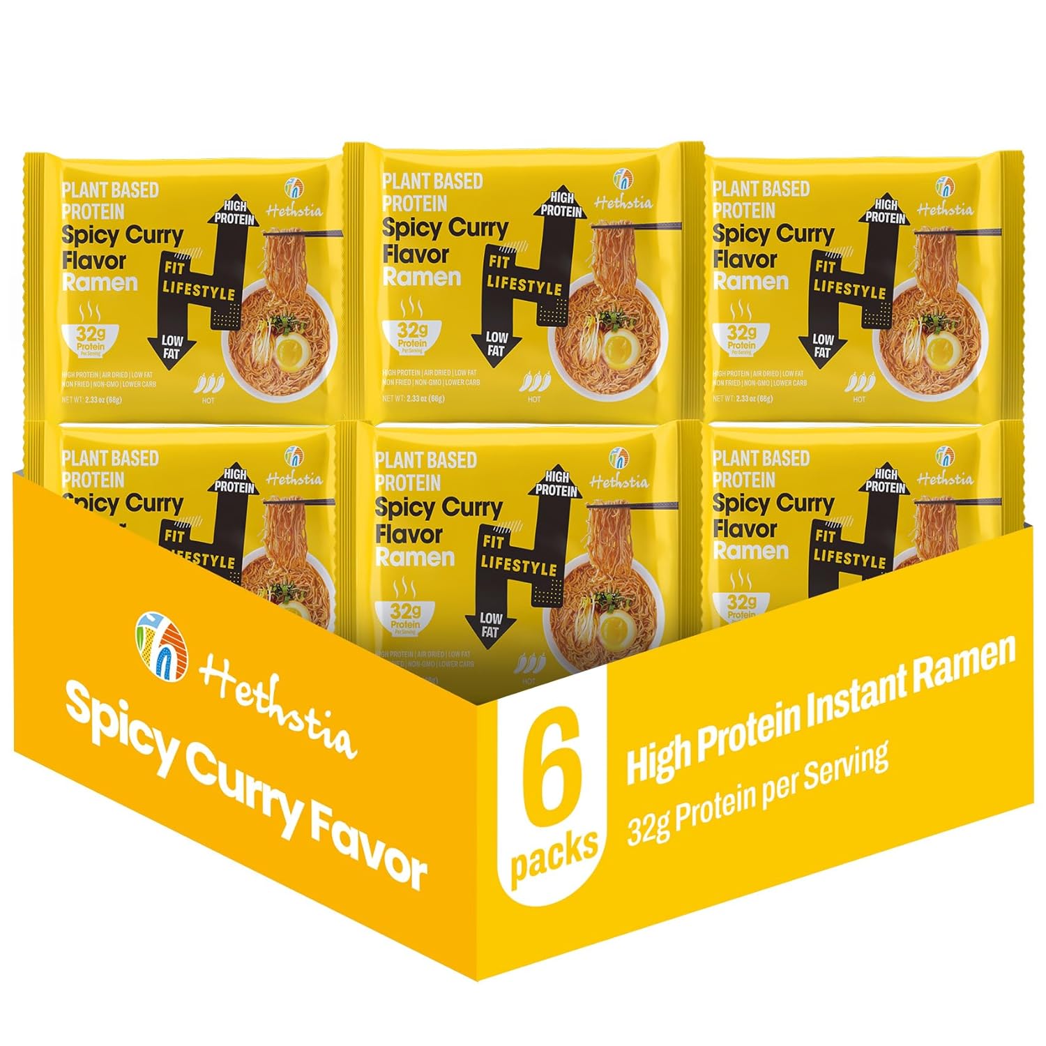 Hethstia High Protein Ramen (32g), 6-Pack Instant Pre-Packaged Ramen Noodle Spicy Curry Soup, Plant-Based, Vegan, Non-Fried, Low Fat, Non-GMO, Healthy, Quick and Delicious Meal