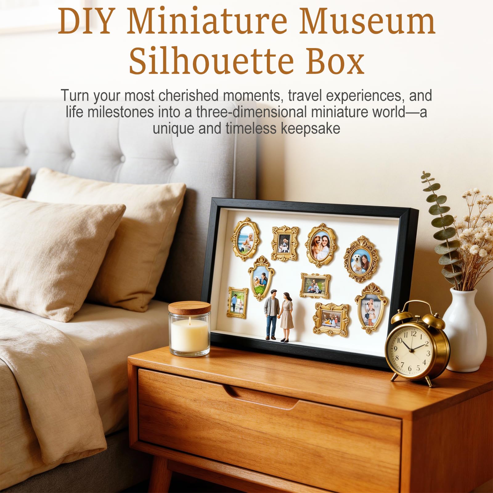 Kit para Montar Mini Museo De Siluetas,WideSmart Mini Marcos Vintage,Cajas de Sombra de Fotos Personalizadas con Mini Figuras de Museo y Mini Marcos Dorados,San ValentíN Y Aniversarios