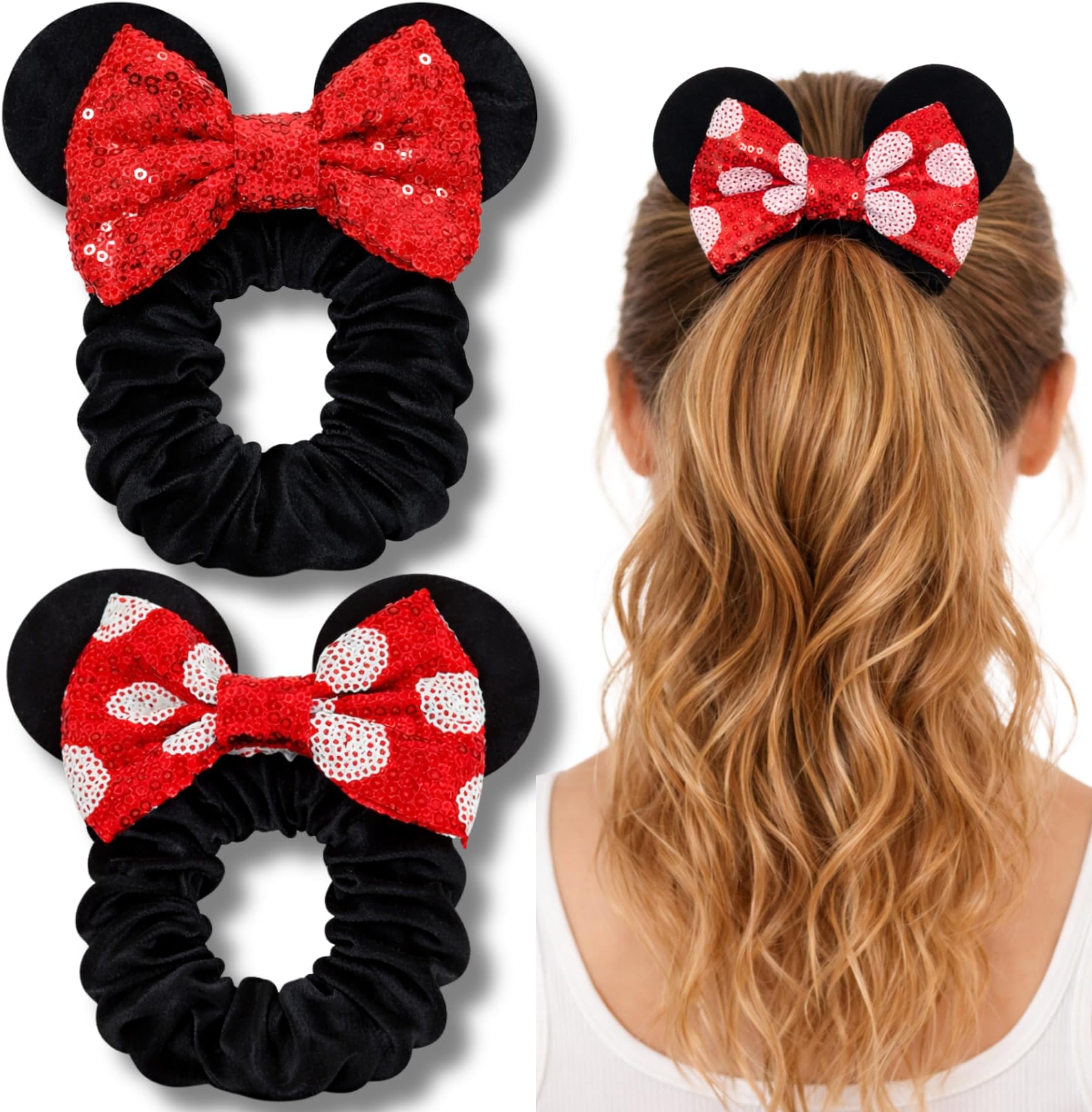 2 Pack Mouse Ear Scrunchies – Velvet Bow Hair Scrunchies with Sequin Ears – Cute Ponytail Holder Hair Accessories for Women by Styla Hair (Red Black)