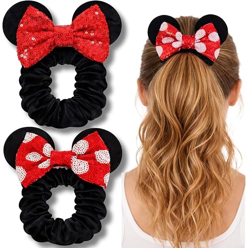 Styla Hair 2 Pack Velvet Bow Mouse Ear Scrunchies, Red Black | Sequin Ears, Cute Ponytail Holder, Hair Accessories for Women
