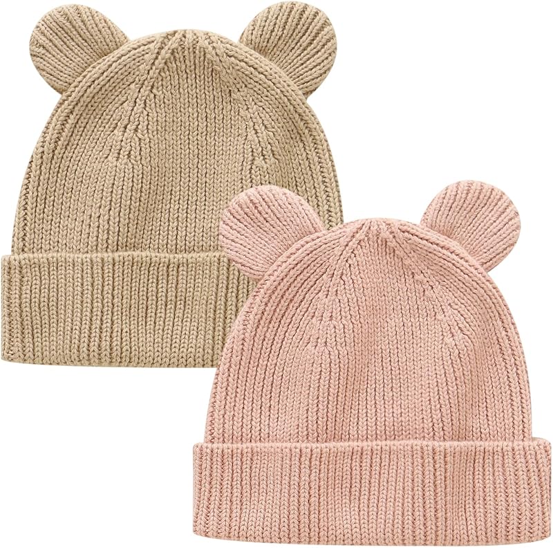 Cotton Baby Beanie Winter Knitted Hat, 2 Pack | Bear Ear Design, Infant Toddler Boys Girls, Soft Warm, Skull Cap