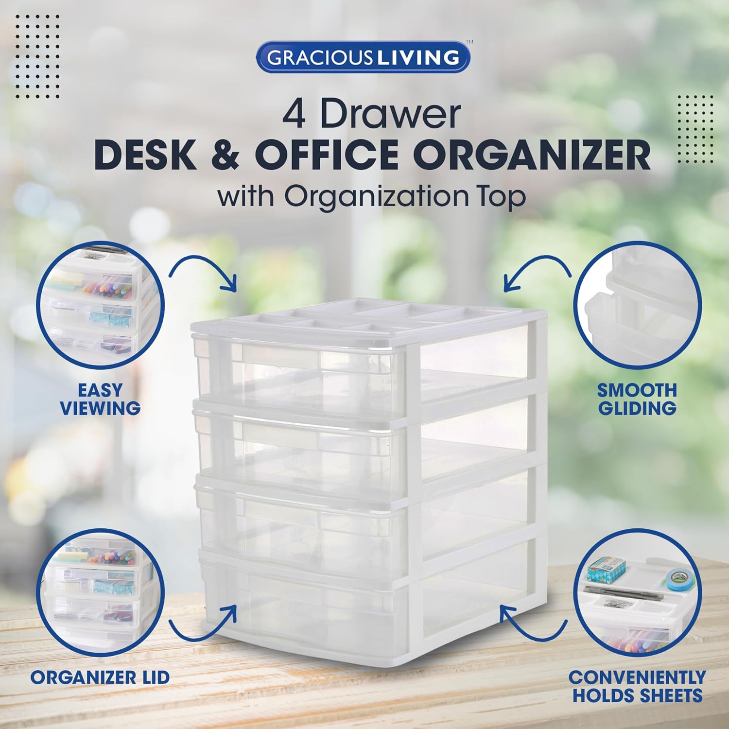 Gracious Living 4 Drawer Desktop & Countertop Organizer w/Organization Lid for Craft Storage, Office Supplies & School Supplies, White/Clear (3 Pack)