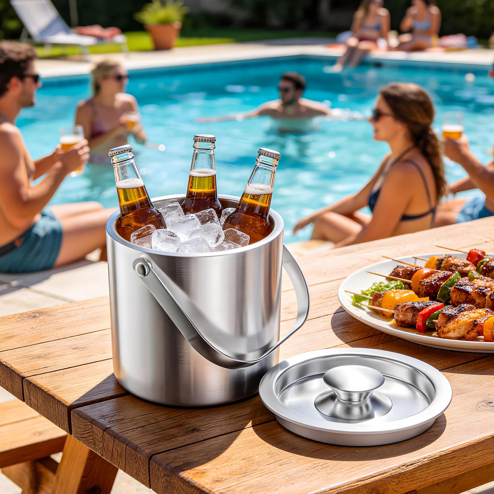 3L Seau à Glace en Acier Inoxydable, Seau A Glacon Double Paroi avec Couvercle, Pelle à Glace, Pince à Glace, pour Apéritifs Boisson Cocktails Bouteille Bar Anniversaires Fêtes Pique-niques