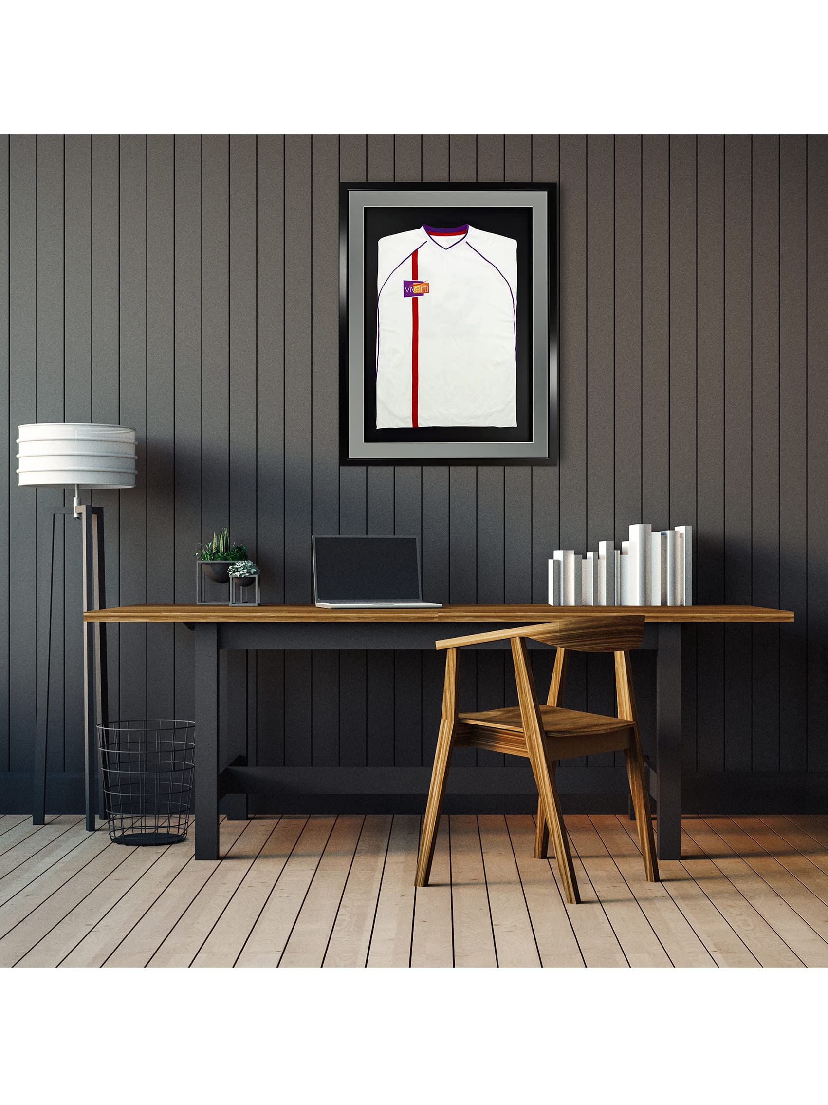 Vivarti Marco de exhibición de Camisa Deportiva montado en 3D para Camisa de fútbol, 60 x 80cm, Marco Negro, Soporte Plateado, Tarjeta Trasera Negra