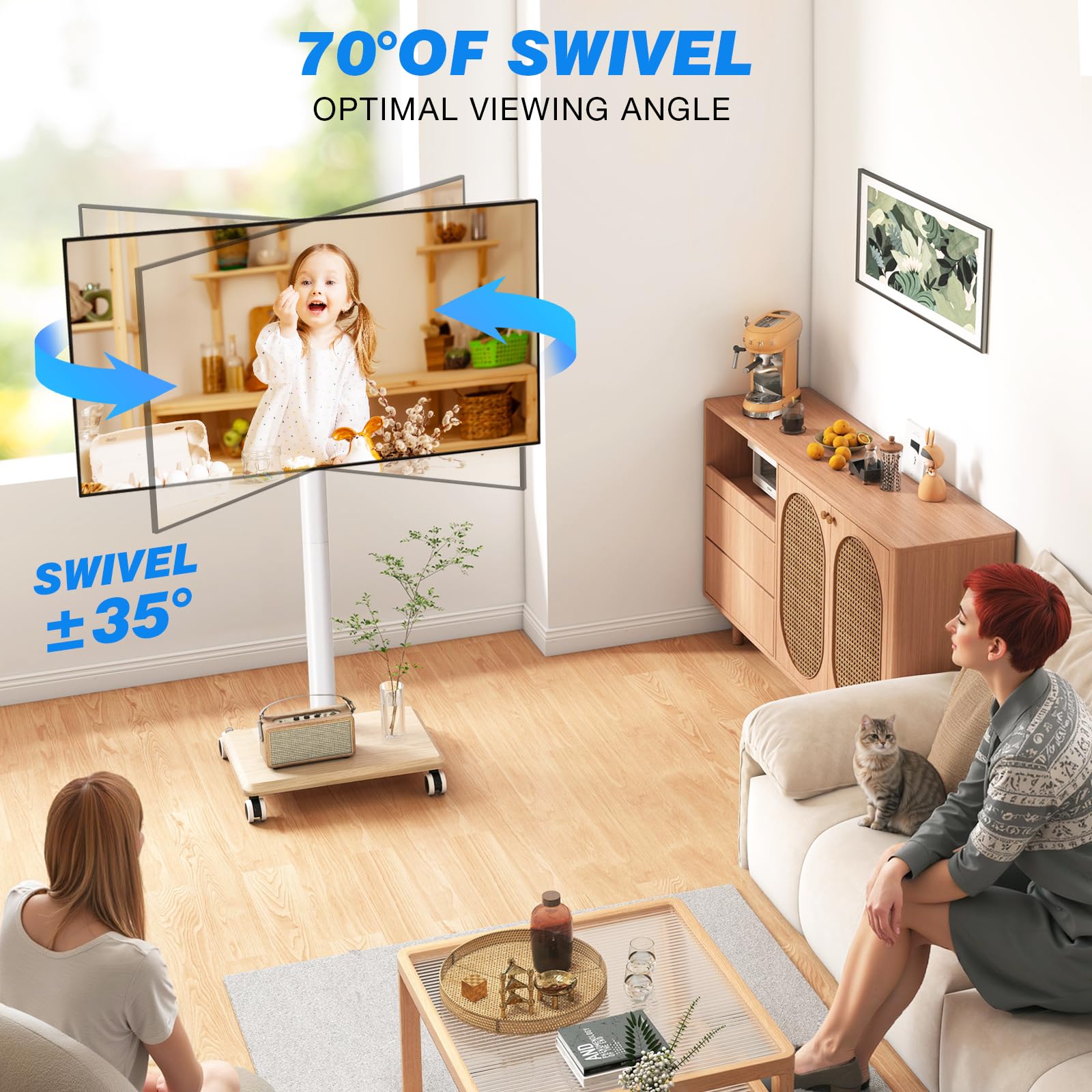 5Rcom Support TV roulettes Blanc pour Téléviseurs 27-60 Pouces, Support TV sur Pied Mobile Réglable en Hauteur et Pivotant avec Base en Bois - VESA Max 400x400mm, Poids Max 40kg (Beige)