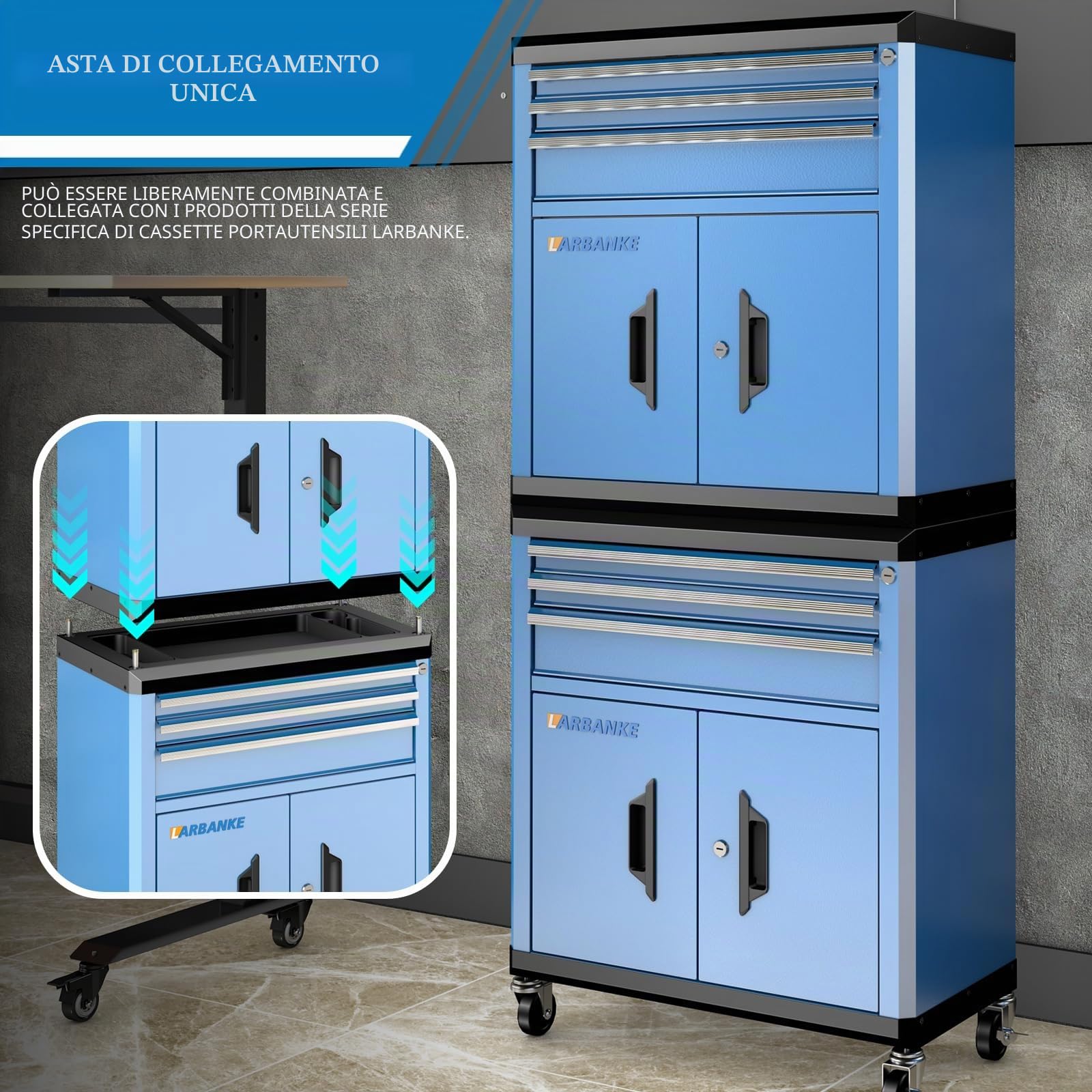 LARBANKE Carrello da officina a 3 cassetti, multifunzione, pieghevole, 4 ruote, asta di collegamento che collega più prodotti in un'unità più grande