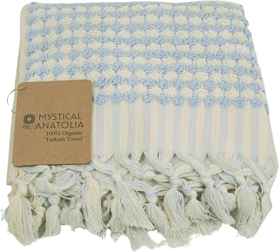 mysticalanatolia Organic Turkish Cotton Towel 36x67 Oversize Lightweight Quick Dry Soft Absorbent Pom Pom Tassel Light Blue Luxury Bath Beach Spa
