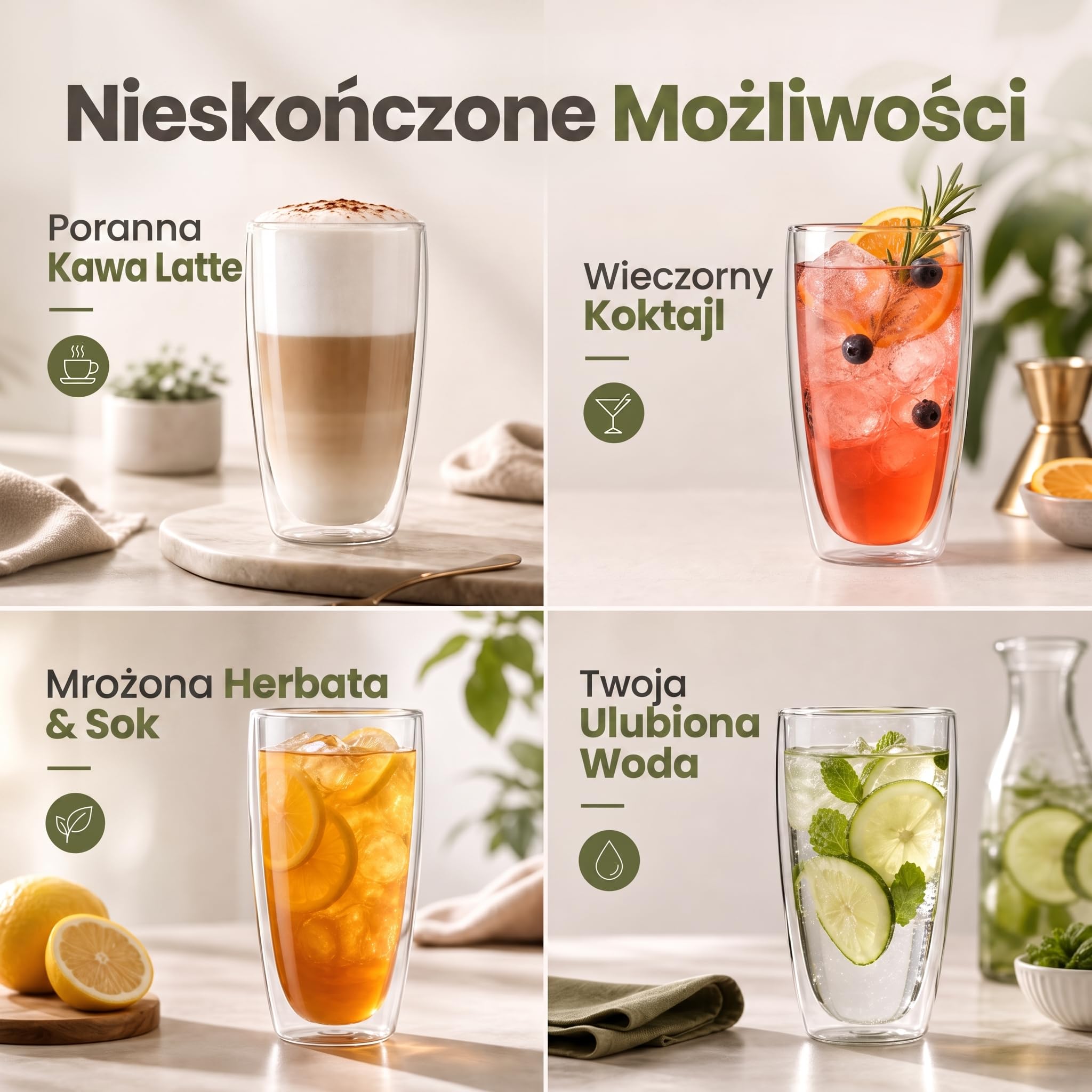 Dimono® Szklanki z Podwójną Ścianką 12 szt. - Latte & Koktajle | Ręcznie dmuchane szkło borokrzemianowe - efekt unoszenia napoju - do latte macchiato, wody i long drinków