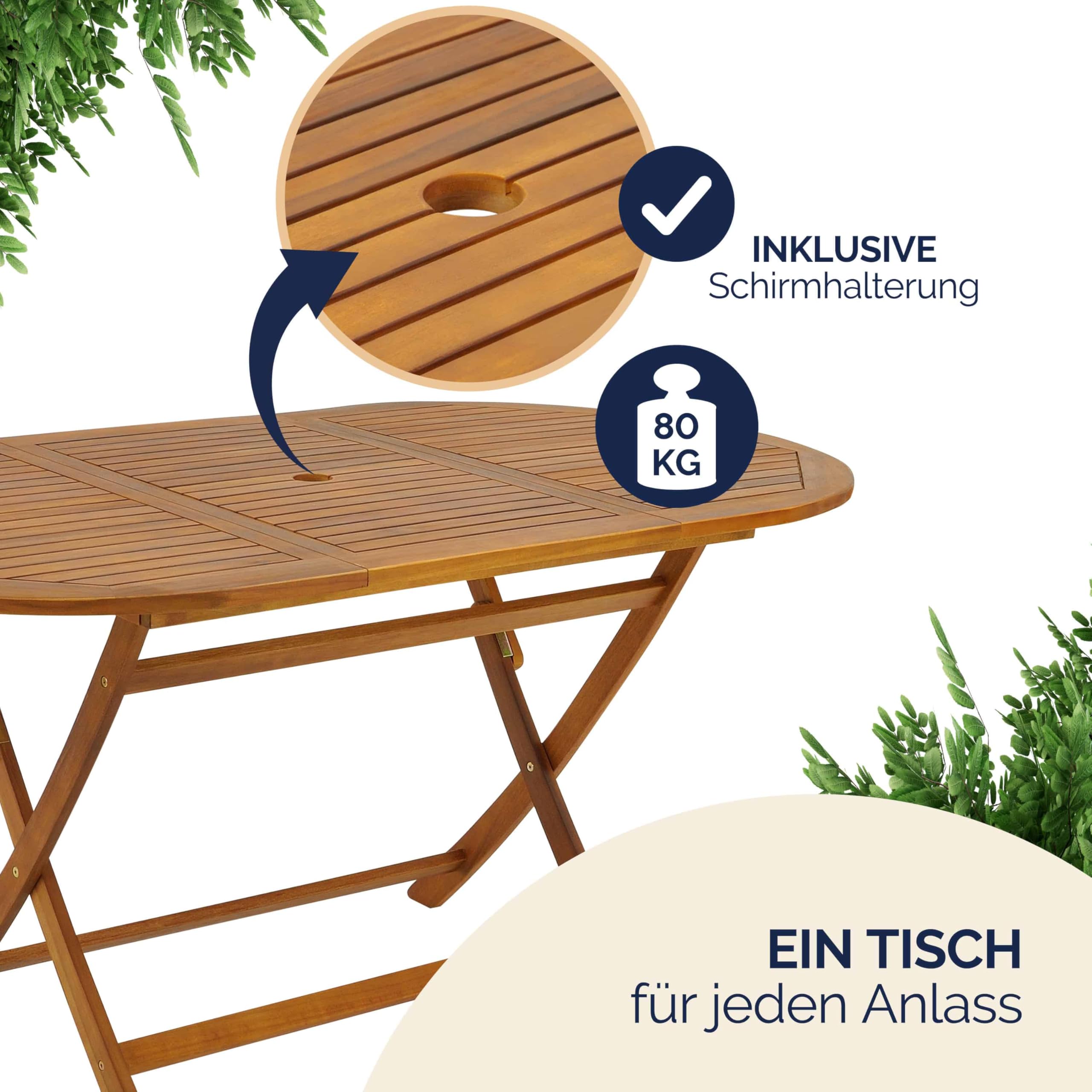 Casaria® Gartenmöbel Set Holz Wetterfest Klappbar 7-TLG. Schirmständer Armlehnen Garten Balkon Terrasse 160x85cm Akazie Braun