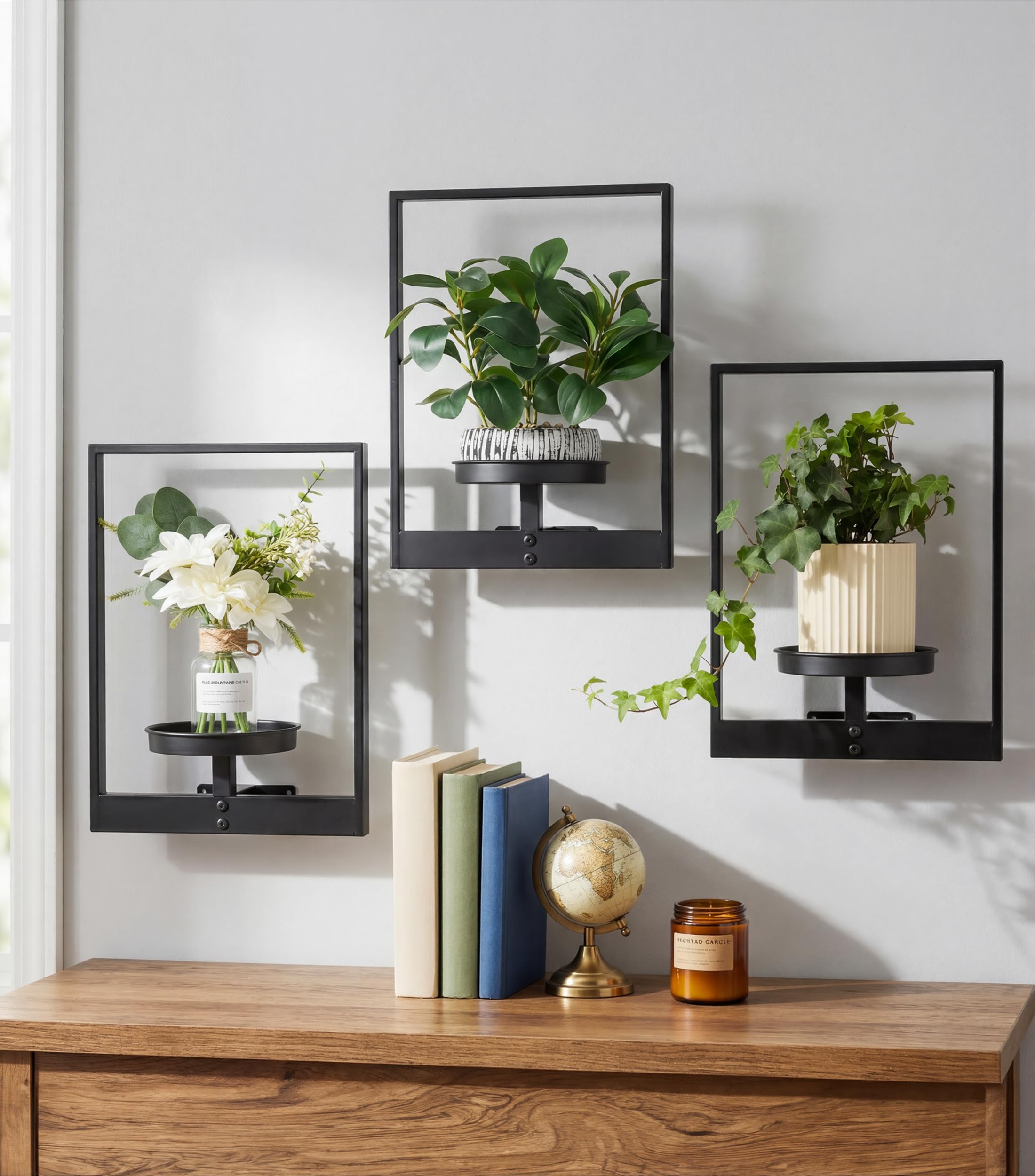 FancyPlus 3 Pack Hanging Planters for Indoor Plants,Picture Frame Wall Plant Holder Metal Modern Style Floating Plant Hanger Stand for Living Room Window Balcony Garden Patio Bedroom Entryway