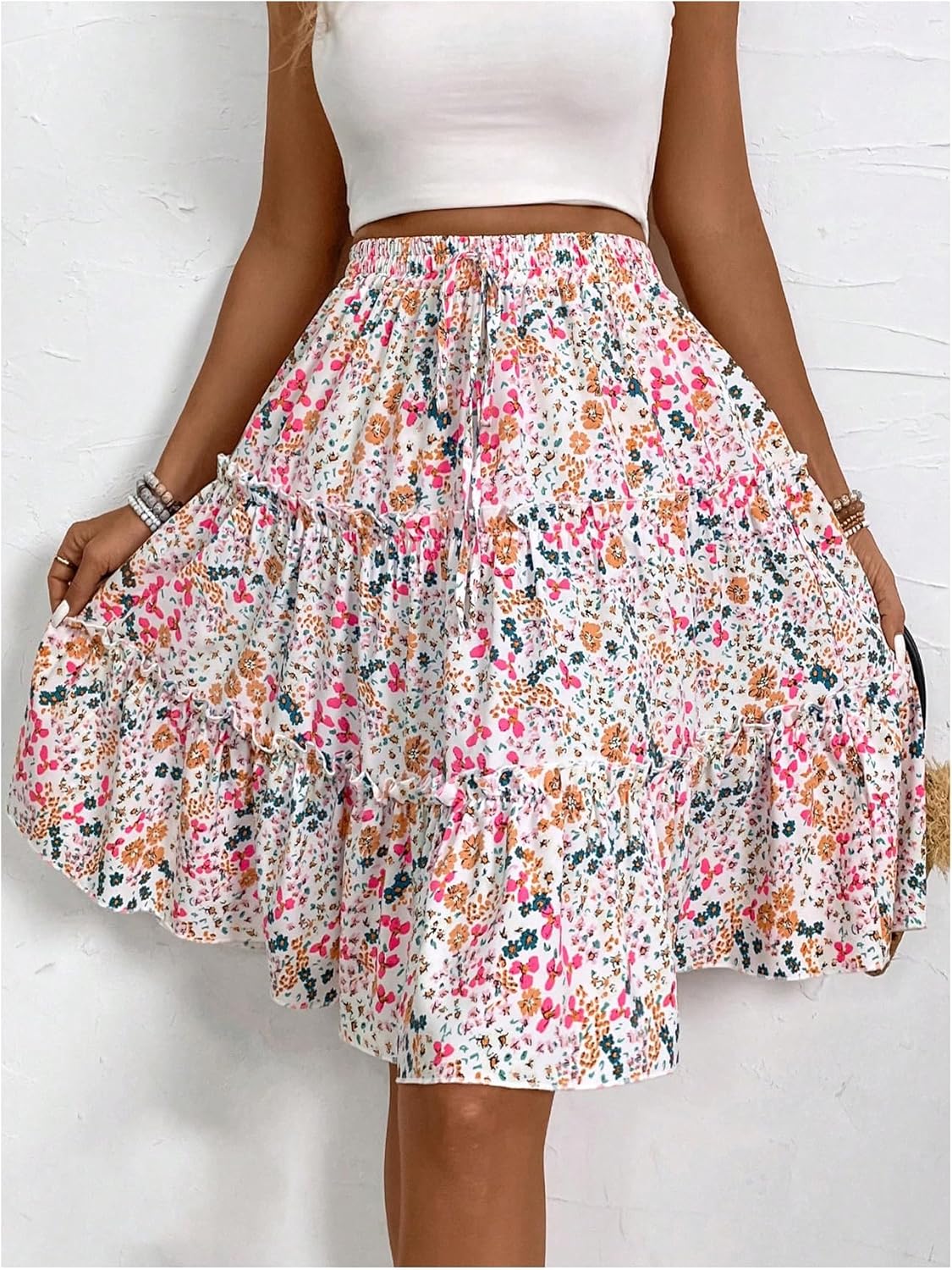 Verdusa Women's Boho Floral Tiered Ruffle Skirts Flowy Flared Summer Knee Length Midi Skirt - Image 4