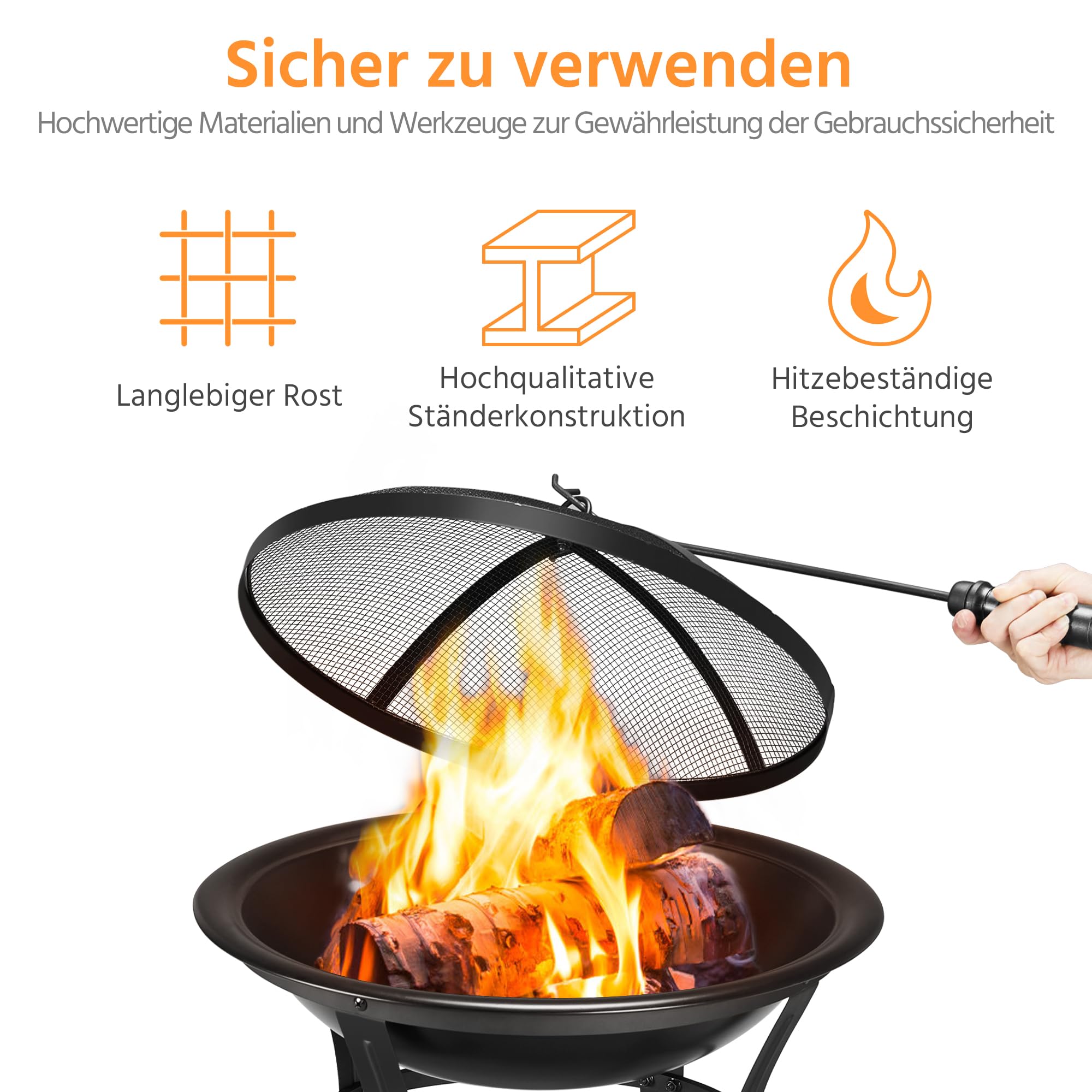 Yaheetech Ronde vuurschaal met deksel en pookhaak, vuurkorf, ideaal voor camping en kampvuurfeest, vierpotige hittebestendige vonkbescherming