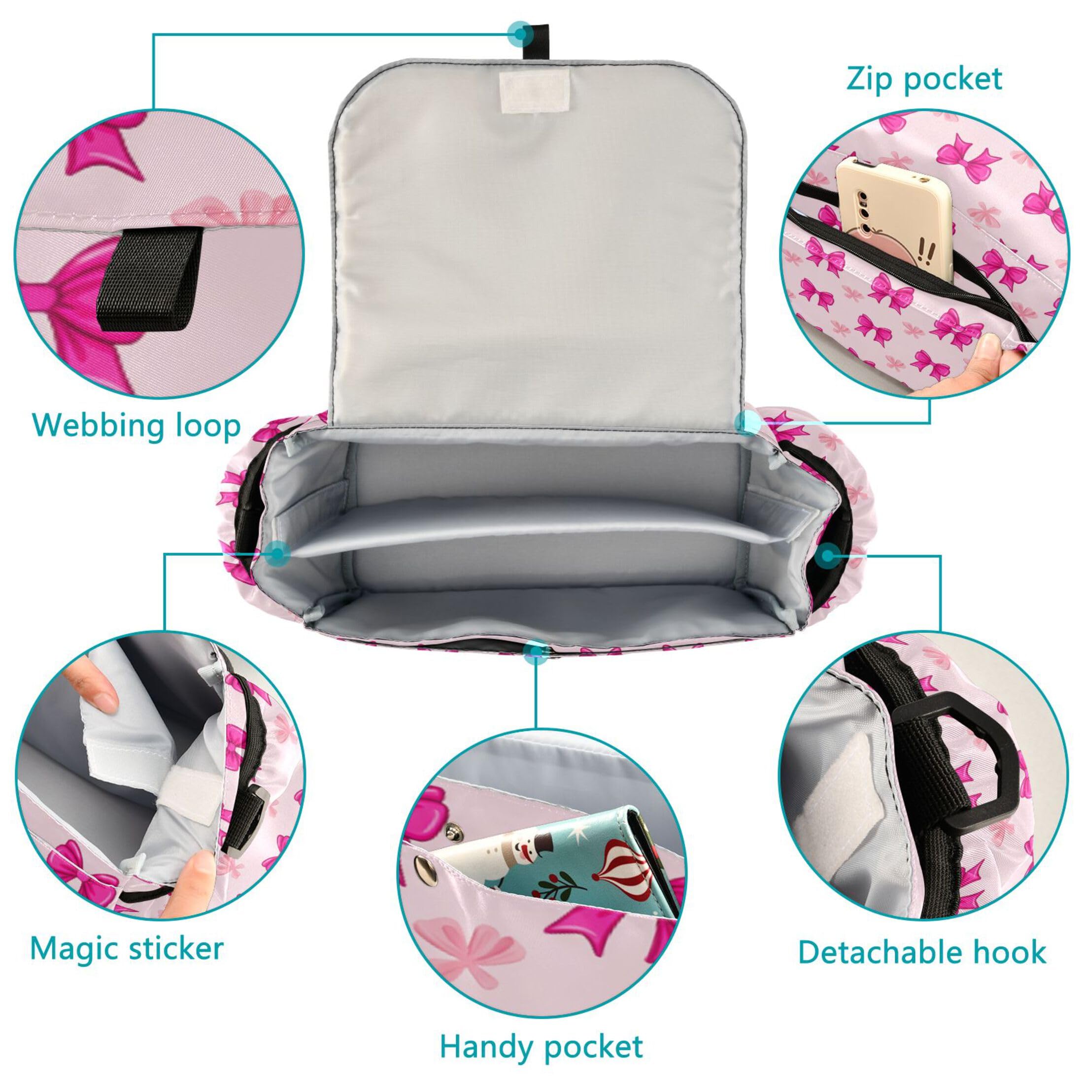 Burbuja Rose Pink Bows on Pink Stroller Organizer with Insulated Cup Holders, Non-Slip Stroller Caddy Universal Fits Most Strollers, Nursery Accessories