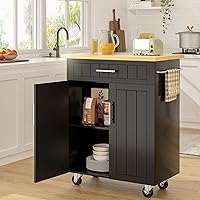 SUNLEI 26" Black Rolling Kitchen Island Cart with Storage Drawer, Cabinet, Shelves & Lockable Wheels