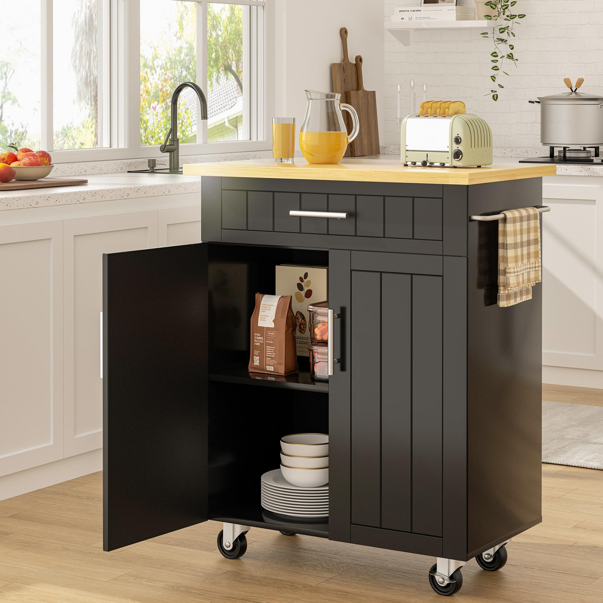 SUNLEI Kitchen Island Cart on Wheels with Storage Cabinet & Drawer, 26" Width Rolling Kitchen Table, Cart Handle for Towel Rack or Free Mobility, Kitchen Cart, Dining Room(Black)