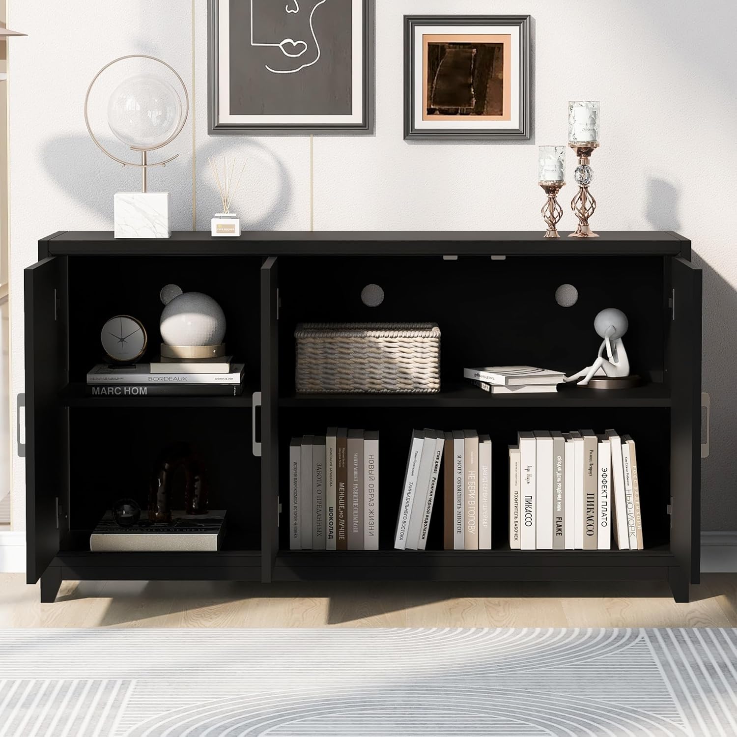 Merax TV Stand for TVs up to 6 5 Inches, Modern Entertainment Center Media Console Cabinet with 2 Spacious Storage Space and Solid Wood Legs for Living Room
