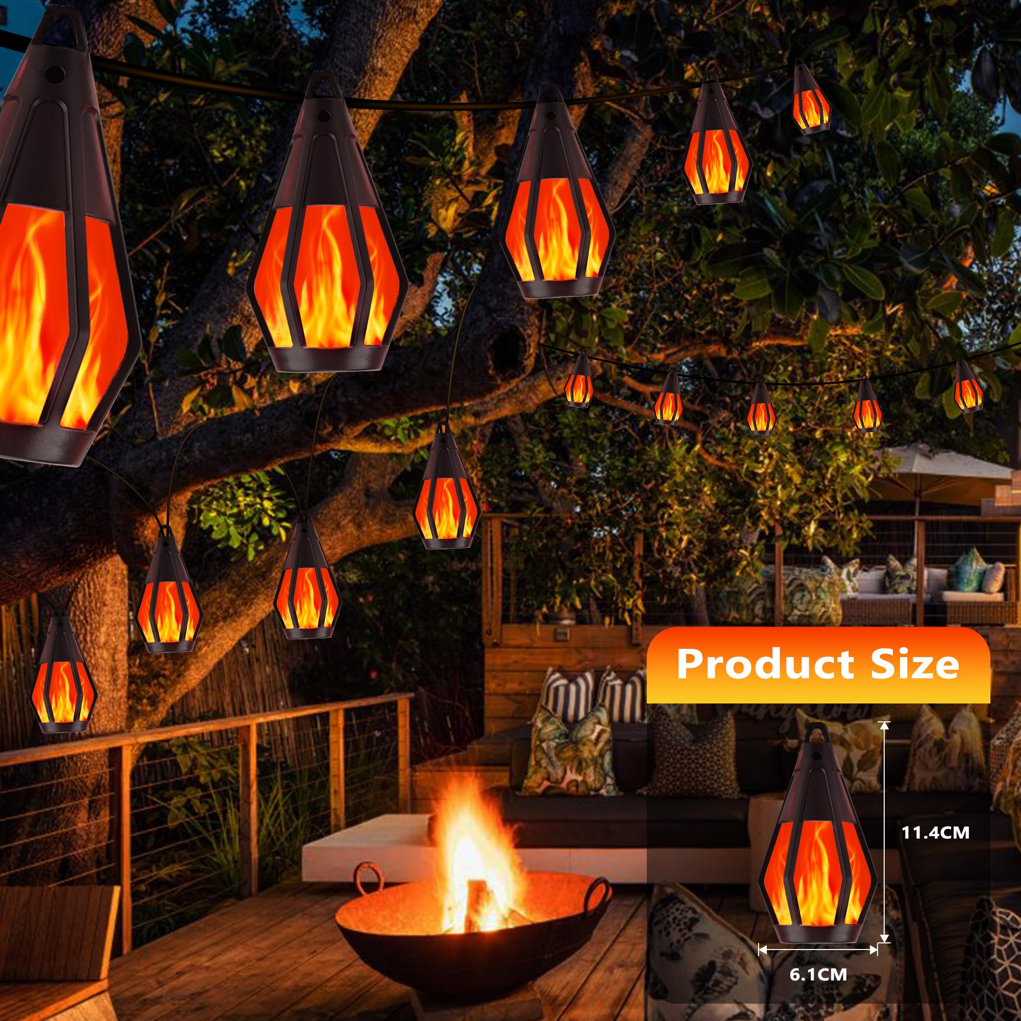 Solar-Lichterkette für den Außenbereich, 10 m, Solar-Terrassenlichter mit 15 flackernden Flammen, wasserdicht, rot, solarbetrieben, Außenleuchte für Garten, Hof, Terrasse, Pavillon, Bistro, Café