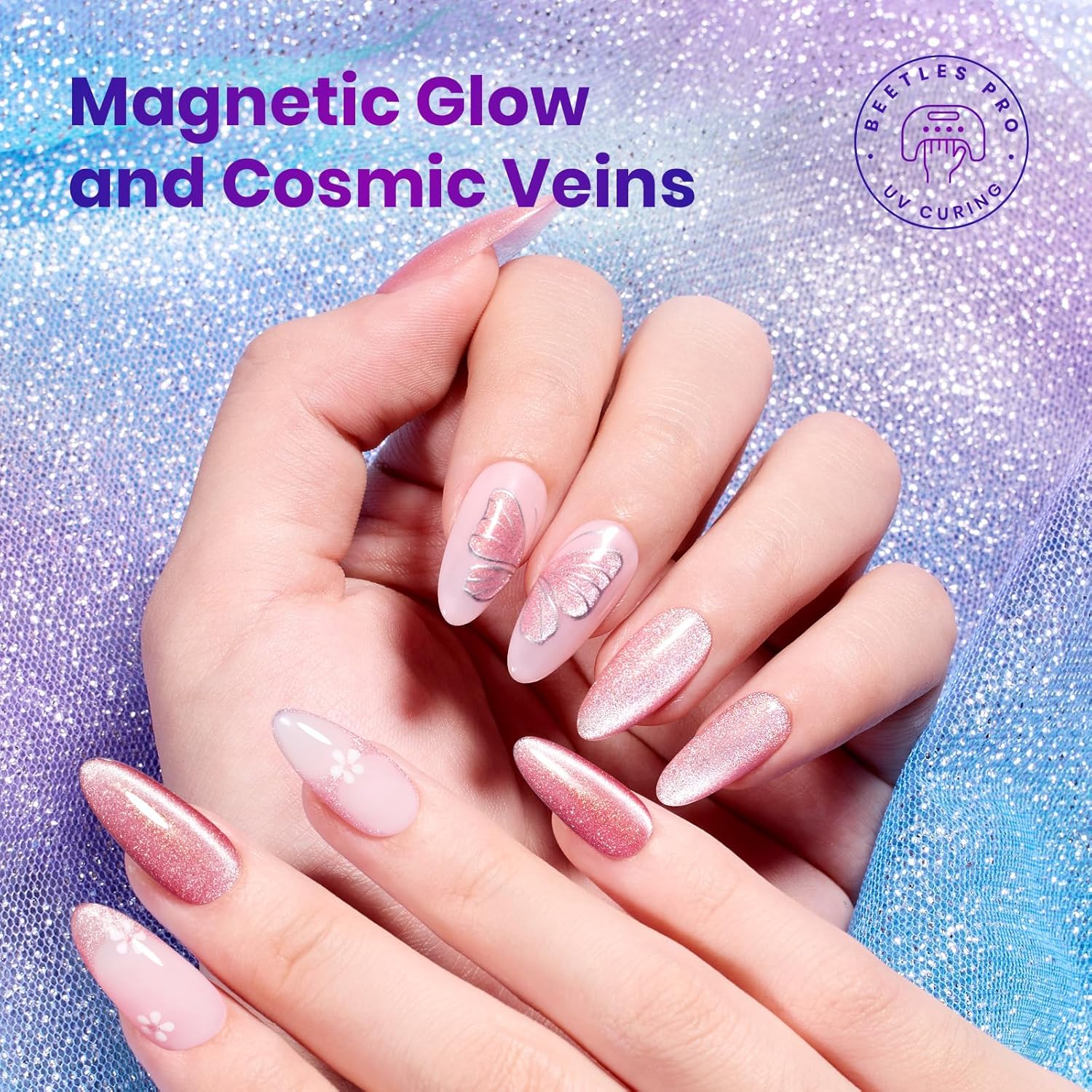 Beetles Stardust Whisper Cat Eye Gel Polish Set - 6 Colors 15ML Full Size Spring Gel Polish Kit Glitter Cat Eye Pink Blue Purple Red Green Velvet Gel Magnet Soak Off UV French Nail Art Manicure Gifts