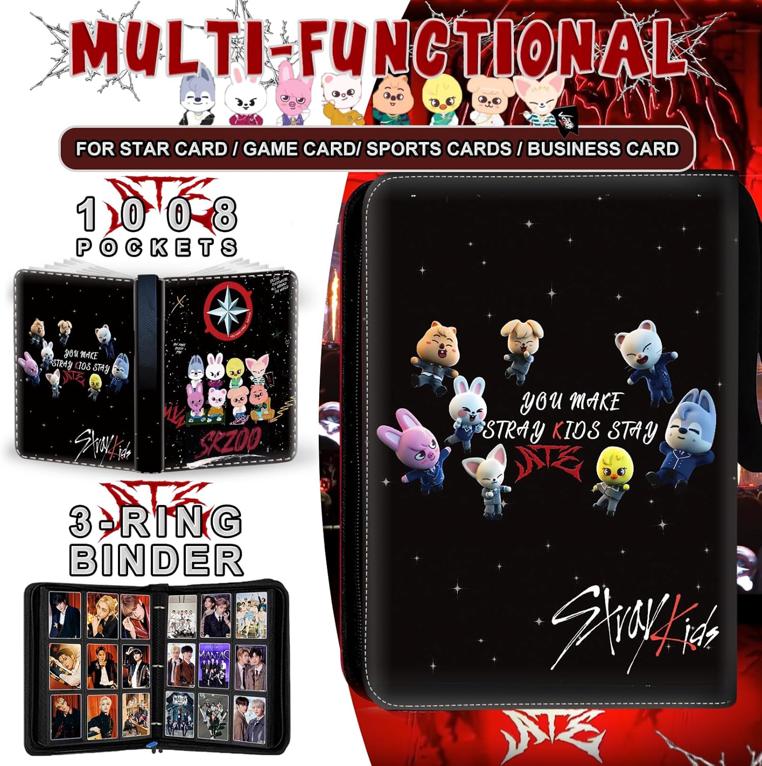 Stray Photocards Binder 1008 Pockets, Stray Fans Gifts & SKZOO Merch Collectors, 9-Pocket Portable Waterproof Display Kpop Photo Cards Collector Ablum Holder Book with 56 Removable Sleeves - Star