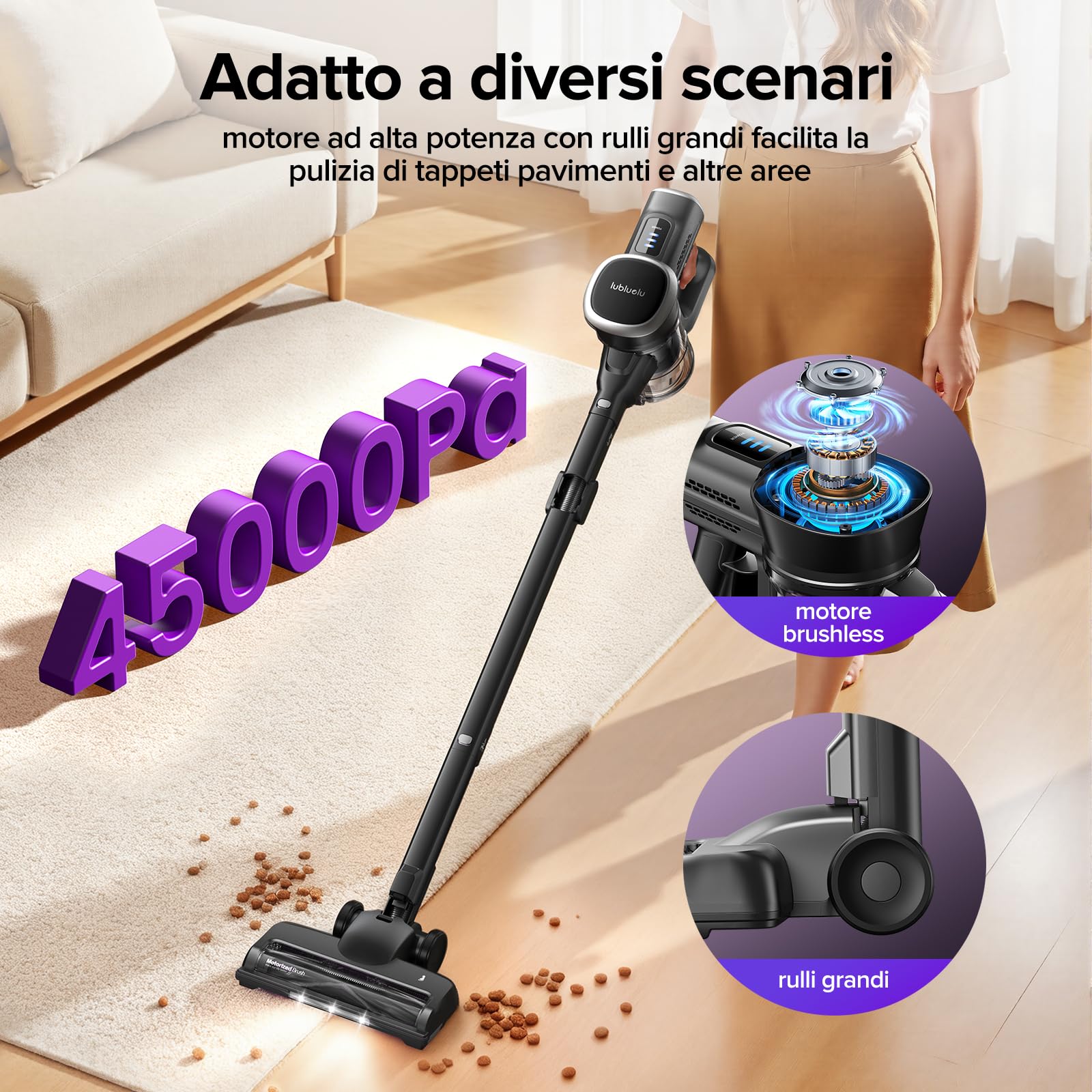 Lubluelu Aspirapolvere Senza Fili Potente 45KPa Scopa Elettrica Senza Fili 50 Minuti/3 Modalità Aspirapolvere Senza Sacco Leggera in Piedi da Solo per Pavimenti/Tappeti/Peli Animali