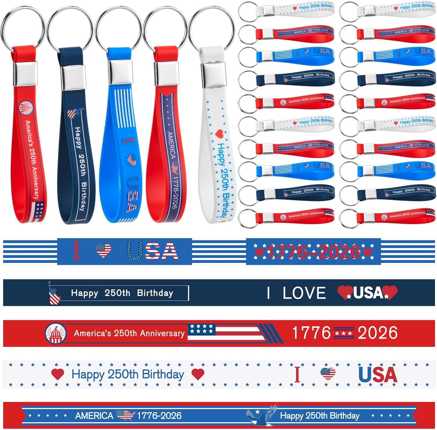 100 Pcs 250th Anniversary USA Silicone Keychains Patriotic Party Favors Bulk American Flag Red White Blue Rubber Key Chains for Independence Day Party Accessories Set Star Stripe Souvenir