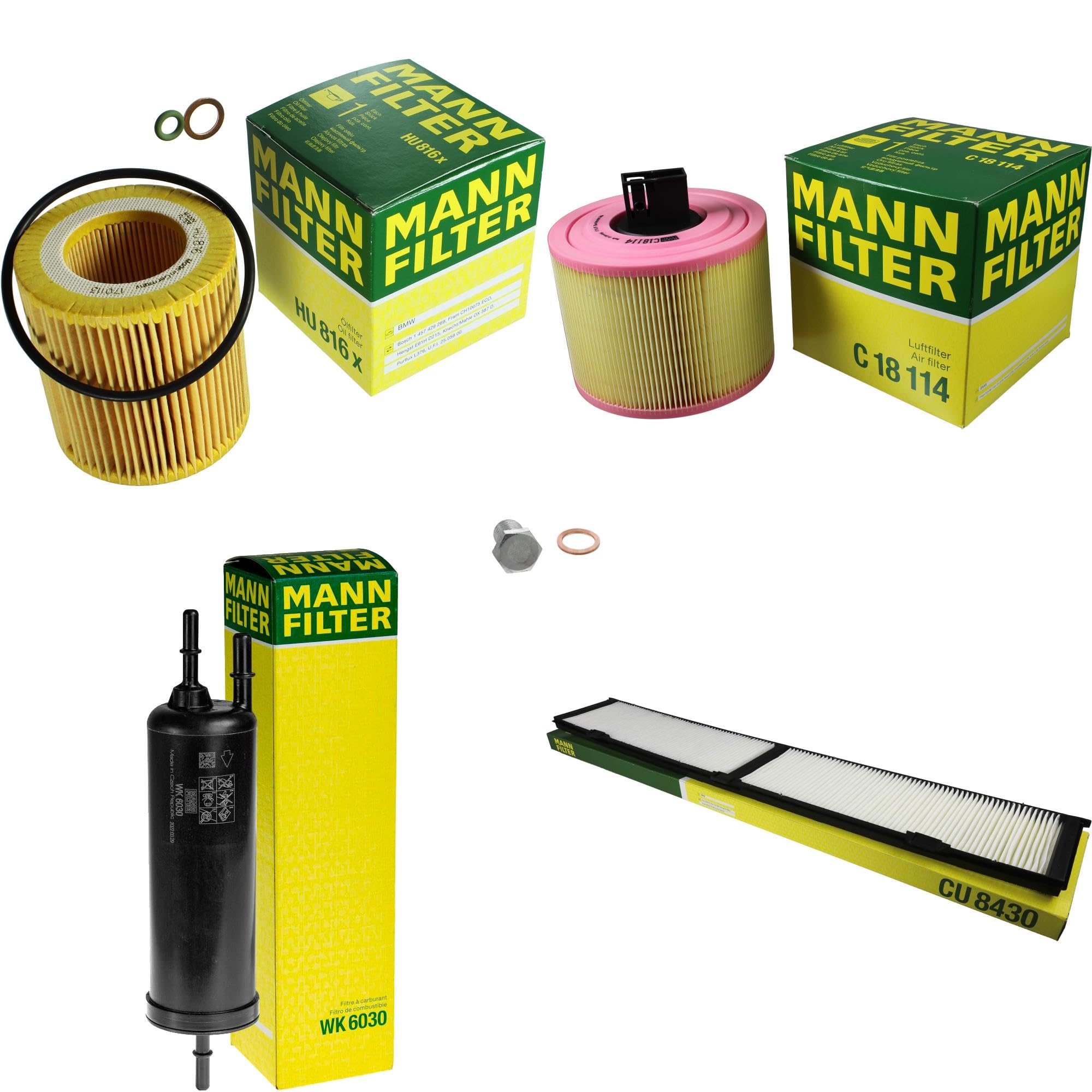 Paquete de inspección Kit de mantenimiento de filtros con filtro de aceite HU 816 x, filtro de aire C 18 114, filtro de combustible WK 6030, filtro de habitáculo CU 8430, tornillo de cierre
