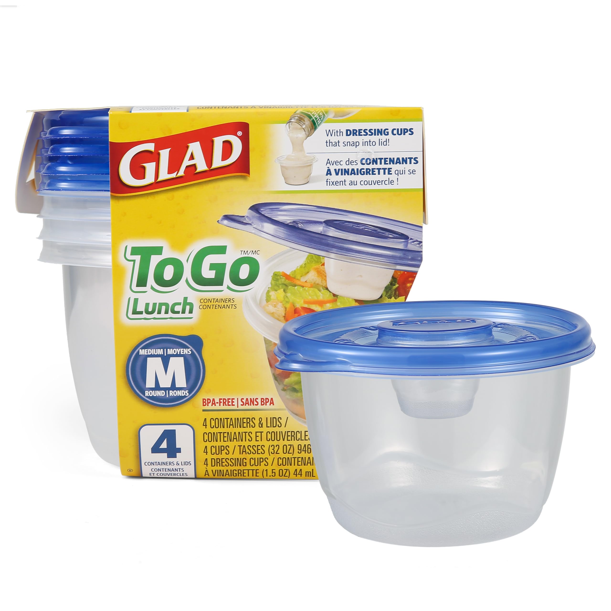 Gladware Lockware To Go Food Storage Containers | Glad Medium Size Round Food Storage That Holds up to 32 Ounces of Food, Solids, or Liquids | 32 oz Containers, 4 Count Set