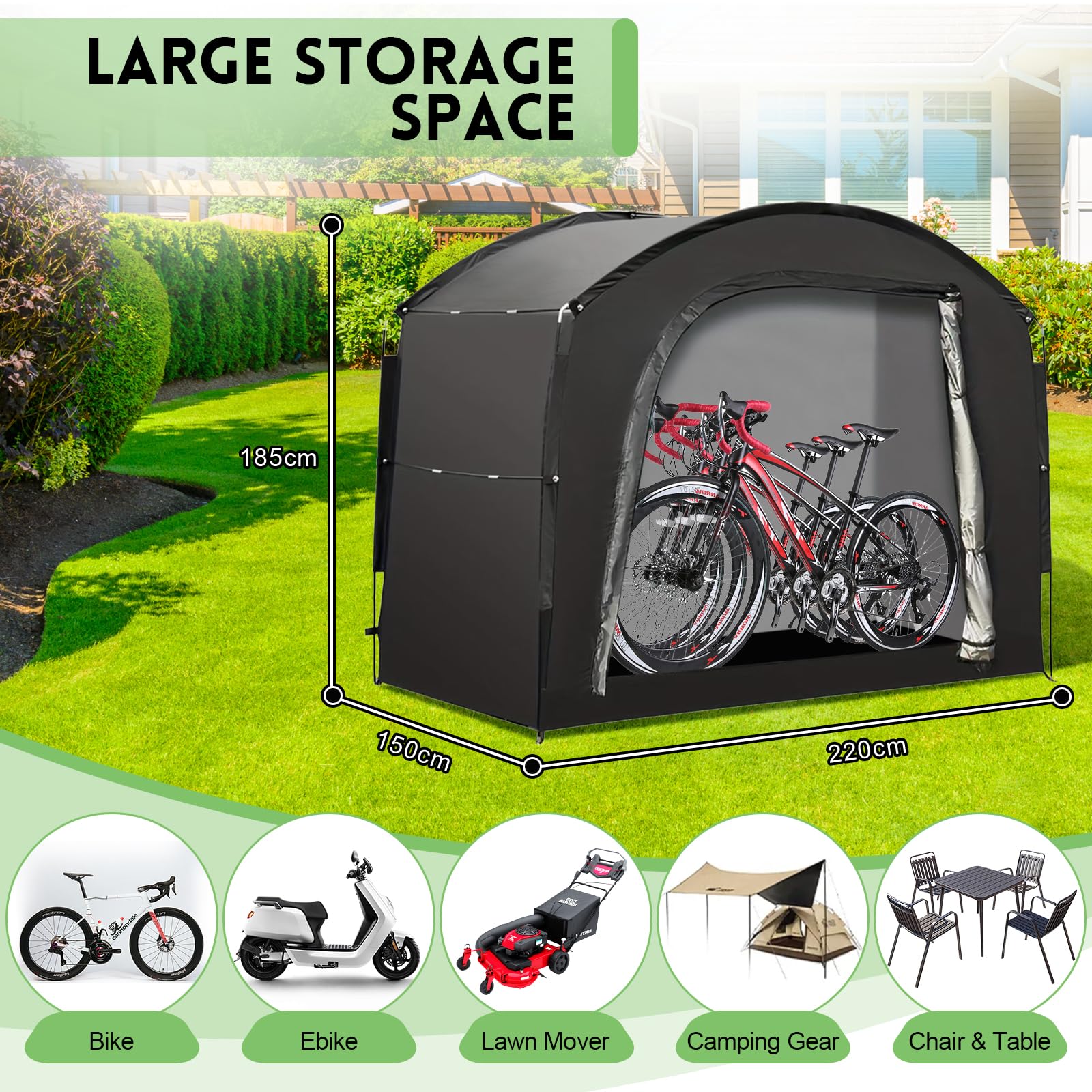 Tenda Copri Bici Da Esterno - 200x88x165 Cm, Impermeabile, Per 2-3 Biciclette, Struttura Ad Arco, Facile Montaggio