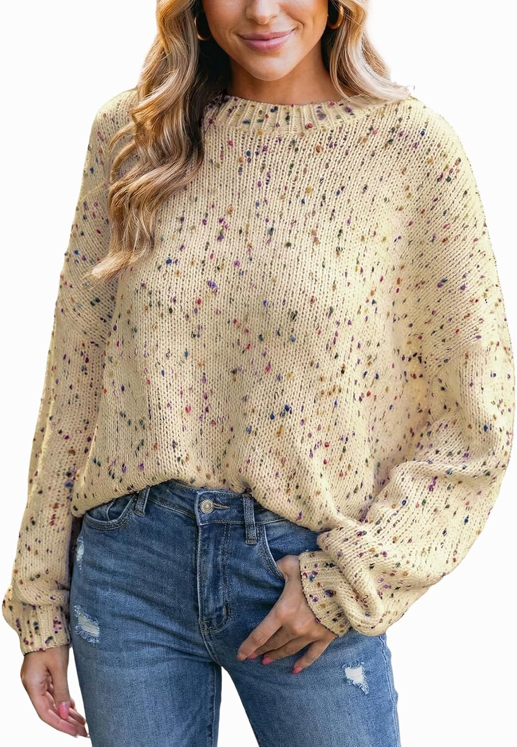 Wyeysyt Womens Sweaters Oversized Rainbow Pom Chunky Sweater Colorful Long Sleeve Knit Pullover Tops