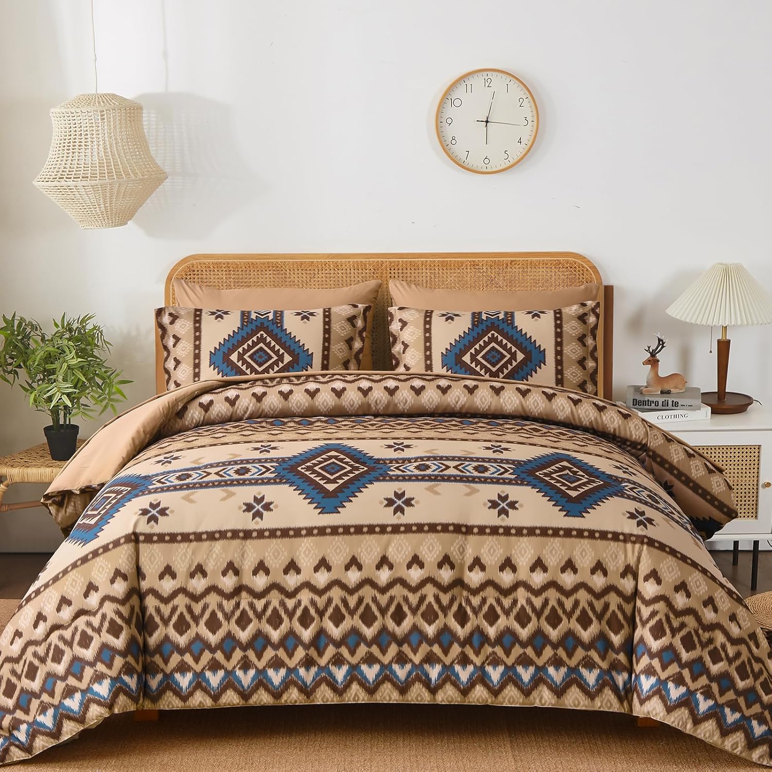 Menghomeus Queen Size Brown Comforter Set, 7 Pieces Boho Aztec Bed in a Bag, All-Season Bedding Set with Sheets & Pillow Shams, Bohemian Geometric Striped Pattern