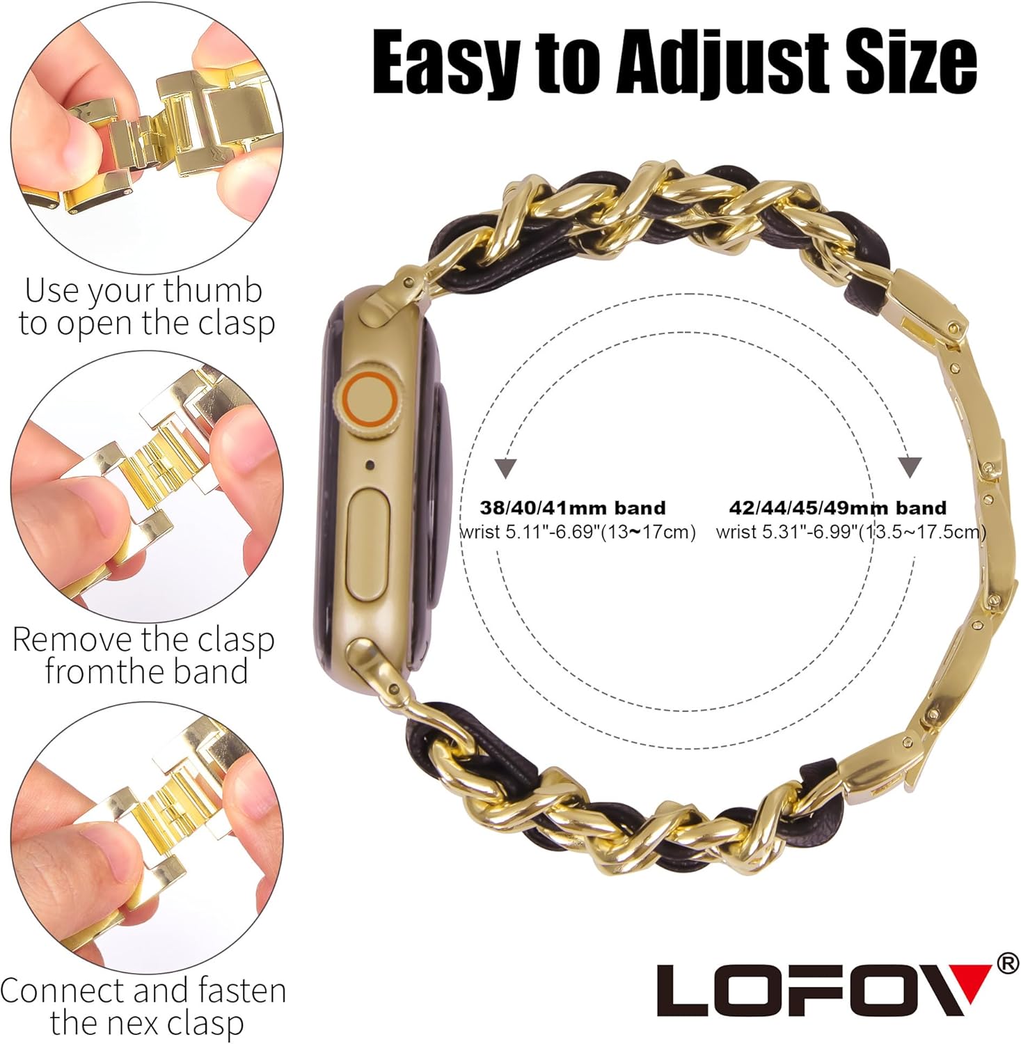 Compatible With Apple Watch Band for Woman 38mm 40mm 41mm, Metal Strap Leather Over Gold Chain Cowboy Style Replacement iWatch Series 9 8 7 6 5 4 3 2 1 SE (Gold Link with Black Leather) - Image 6