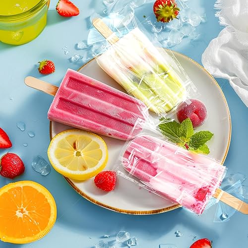 Vista 9 de Miaowoof 200 palitos de paletas y 200 bolsas, palitos de hielo y bolsas para helado, envoltorios y palitos transparentes autoadhesivos