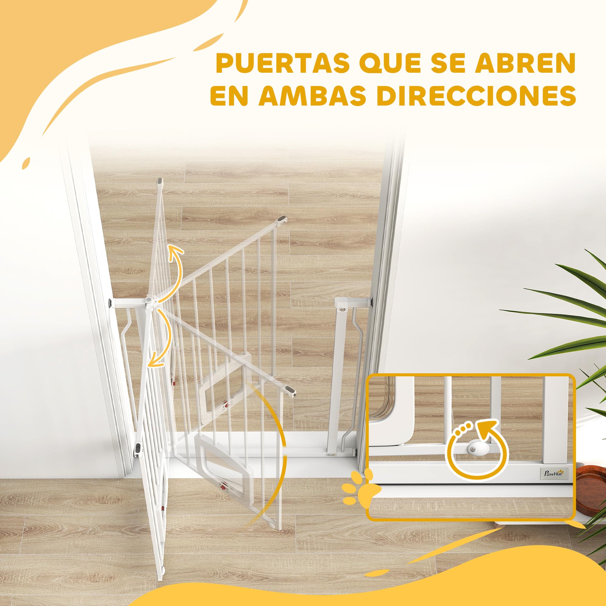 PawHut Barrera de Seguridad para Perros Extensible Puertas 75-85 cm Blanco | Para Escaleras, Barrera para Perros con Puerta Pequeña, Montaje a Presión, Doble Bloqueo