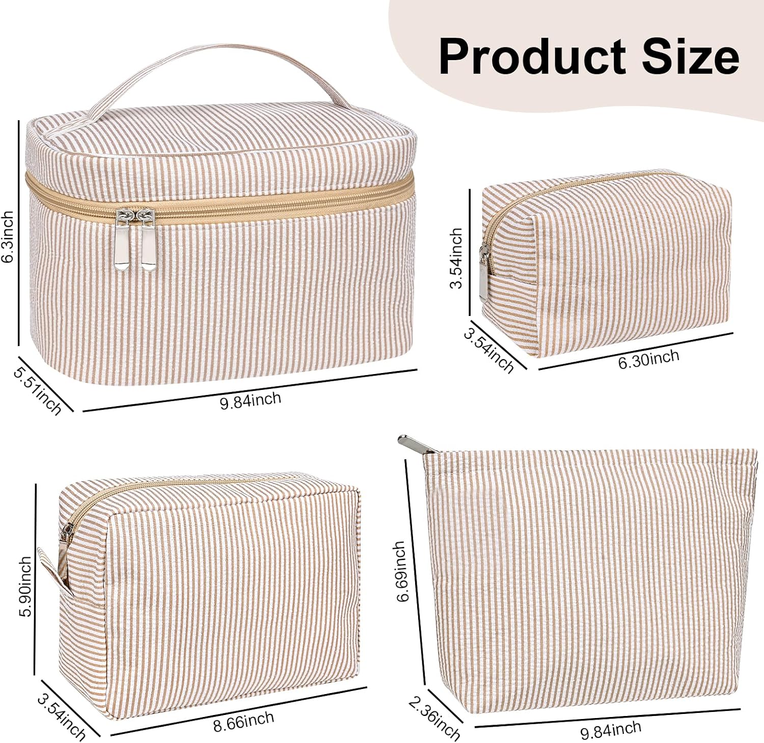 4 Piece Makeup Bag Set,Seersucker Cosmetic Bags,Striped Make Up Bag Large Cosmetic Zipper Pouch Cute Travel Toiletry Bag Portable Aesthetic Purse Organizer Pouches for Women (Khaki) image 2