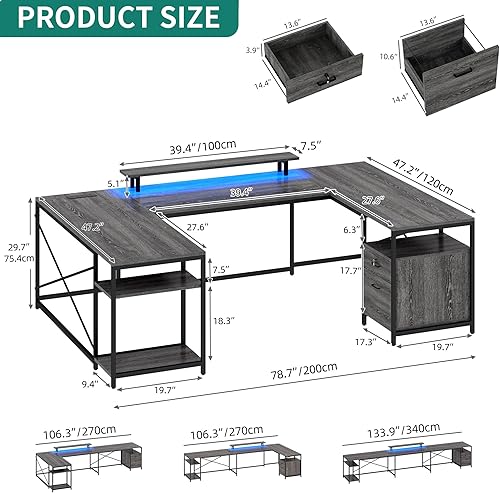 Miniatura 2 de YITAHOME Escritorio en forma de U con tomas de corriente y luces LED, escritorio reversible en forma de L de 79 pulgadas con cajones, escritorio de