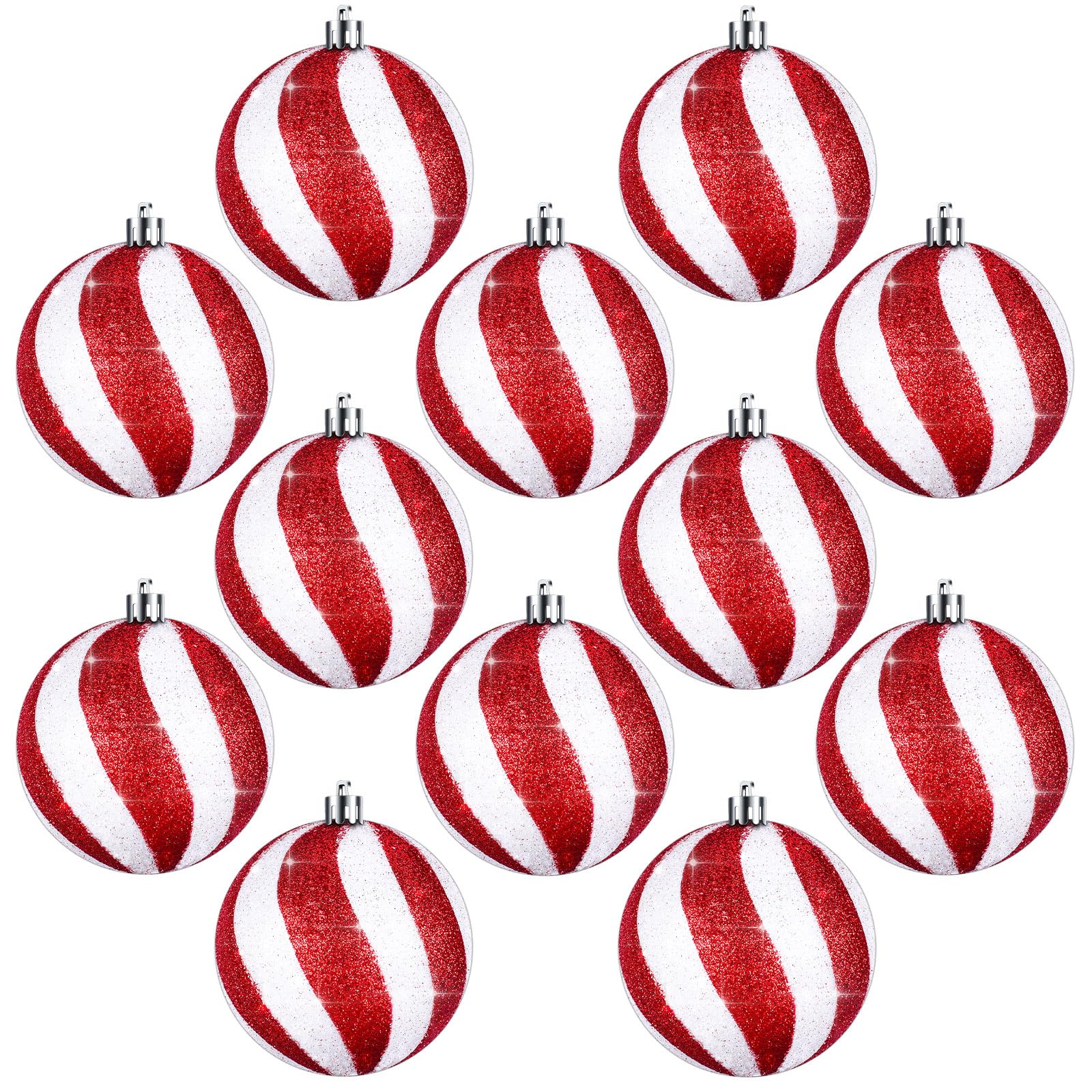 Liliful 12 bolas de Navidad de 3.15 pulgadas, adornos con brillantina, decoraciones de árbol de Navidad pintadas de plástico, adornos para decoración colgante de remolino de Navidad (blanco y rojo)