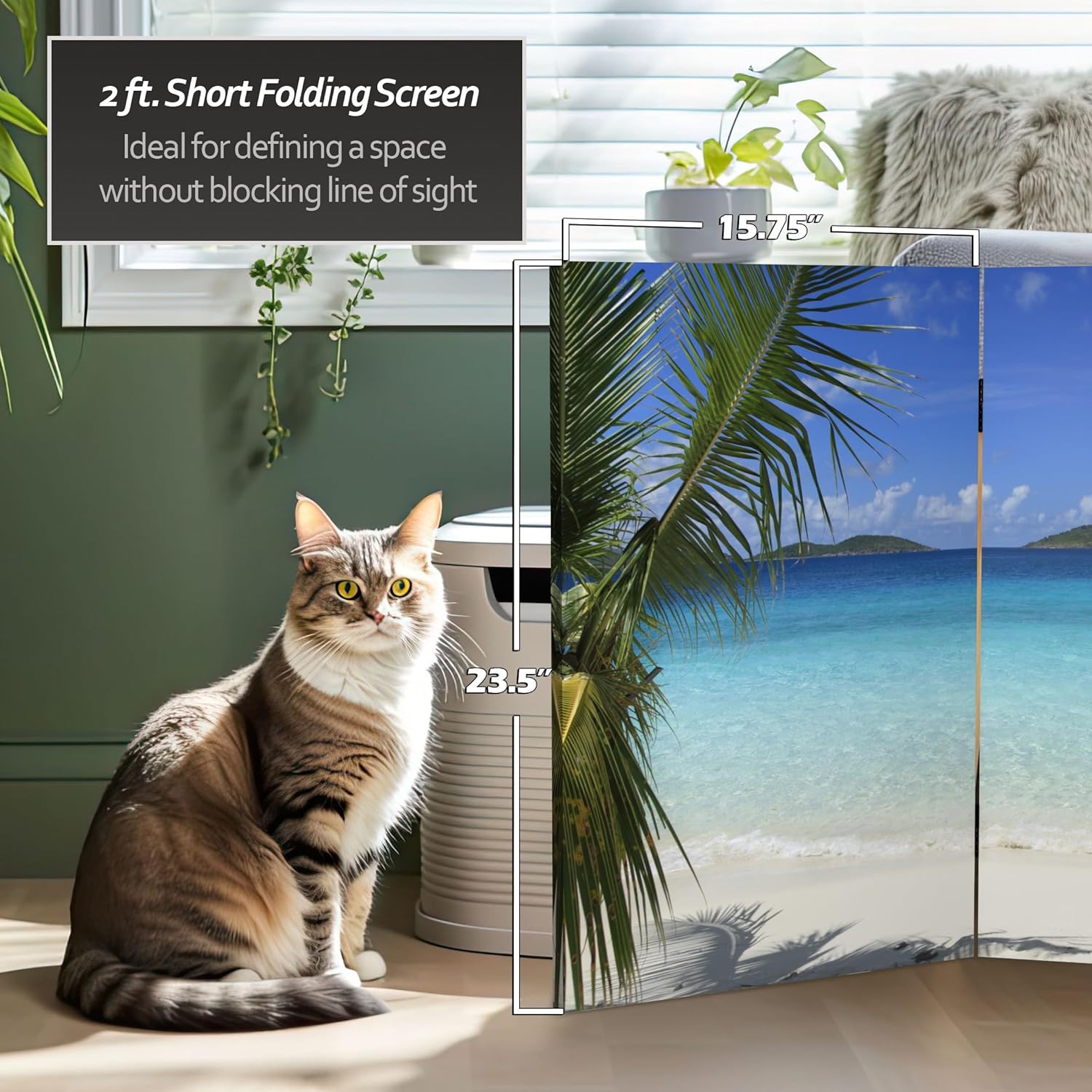 Red Lantern 2 ft. Short Double Sided Beach Canvas Folding Screen 3 Panel Freestanding Partition and Separator for Modern and Contemporary Bedroom, Home Office, Studio, Dorm, Apartment