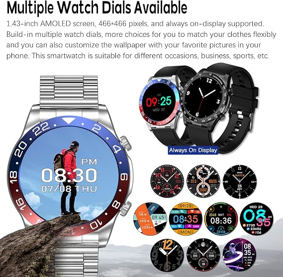 Men's Smartwatch 1.43 AMOLED HD Screen Bluetooth Calling Activity Tracker Heart Rate Monitor IP68 Waterproof Compatible Android and iOS, Sports and Fitness Watch (Present Silicone Band) (RED Blue)