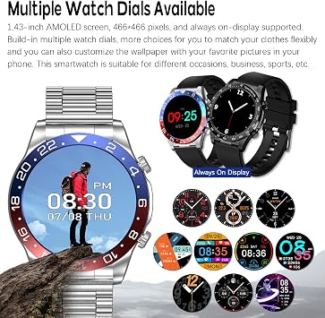 Men's Smartwatch 1.43 AMOLED HD Screen Bluetooth Calling Activity Tracker Heart Rate Monitor IP68 Waterproof Compatible Android and iOS, Sports and Fitness Watch (Present Silicone Band) (RED Blue)