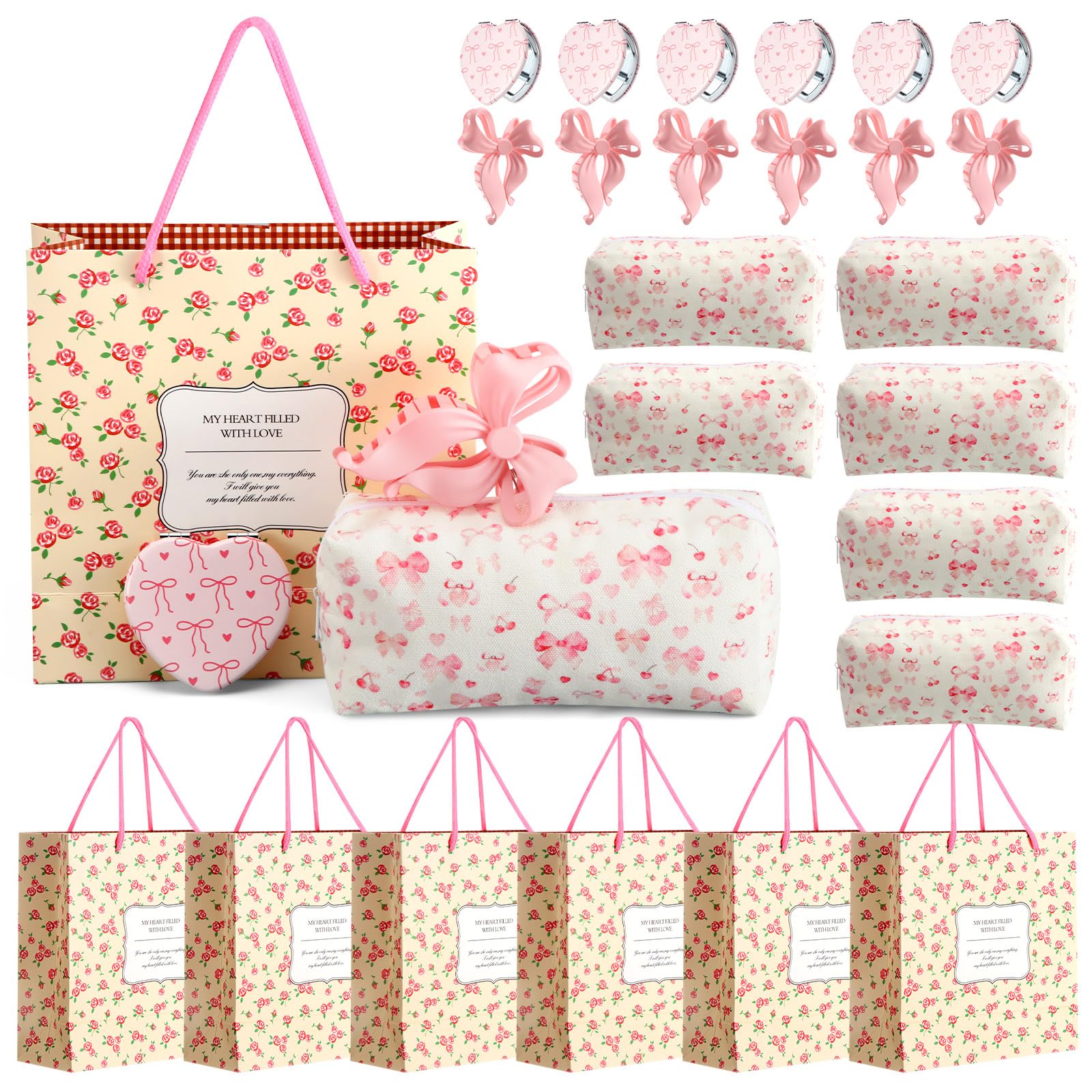 Suncalla 24 Pcs Galentine's Day Gifts Bulk Pink Bow Bags Gifts Set for Women Coquette Basket Hair Clips Mirror Bowknot Canvas Cosmetic Bag for Mothers Friend Bridal Shower Birthday