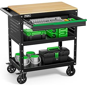 3-Tier Rolling Tool Trolley with Drawer Wooden Worktop 150 kg Load Capacity 82 x 48 x 90 cm for Warehouse Garage Garden Workshop