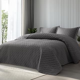 Bedsure Grey Queen Quilt Set - Basket Weave Lightweight Bedspread with 2 Shams, All-Season Soft Breathable Coverlet (90x96")