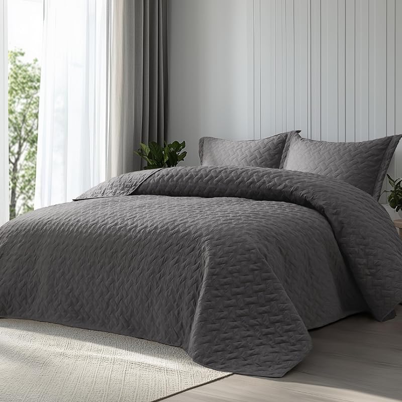 Edredones tamaño Queen – Colchas grises tamaño Queen con patrón de tejido de cesta, juego de cama de edredón suave, juego de edredón ligero para todas las estaciones con 2 fundas de almohada (90 x 96 pulgadas)
