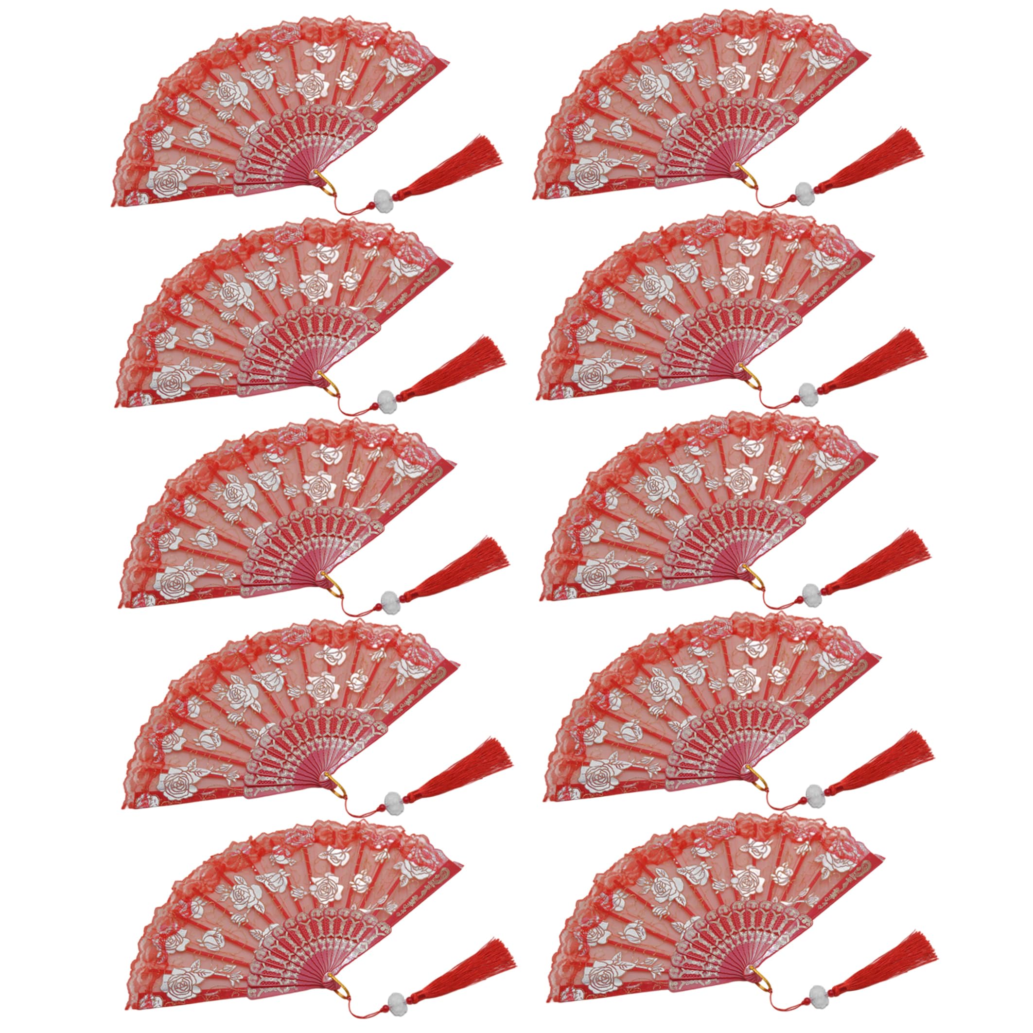 Bemonew 10pcs Red Lace Folding Fans, Spanish Handheld