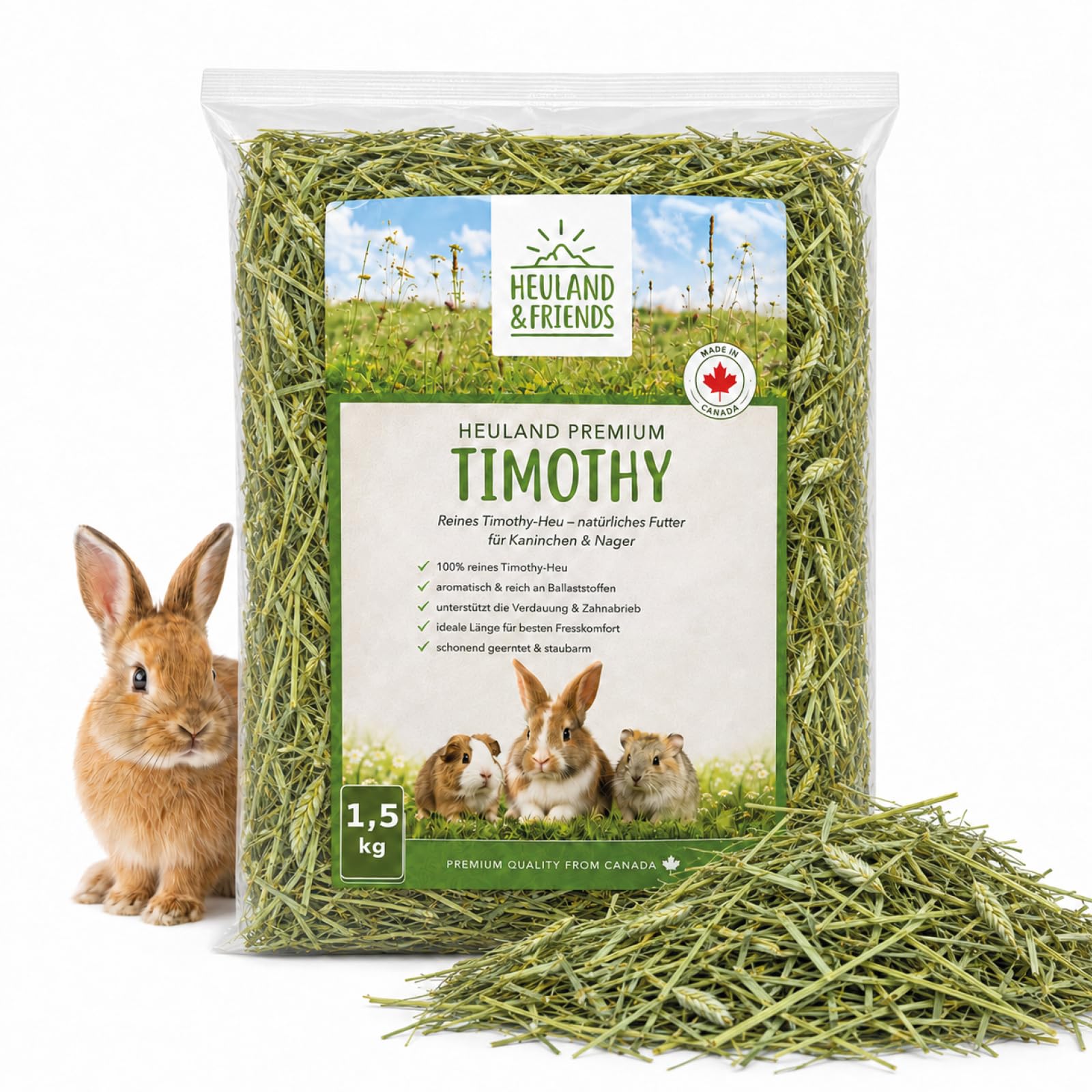 Timothy Heu 15 kg (10x 1,5 kg) – Premium Lieschgras aus Kanada – strukturreiches, staubarmes Raufutter für Kaninchen & Meerschweinchen – locker verpackt